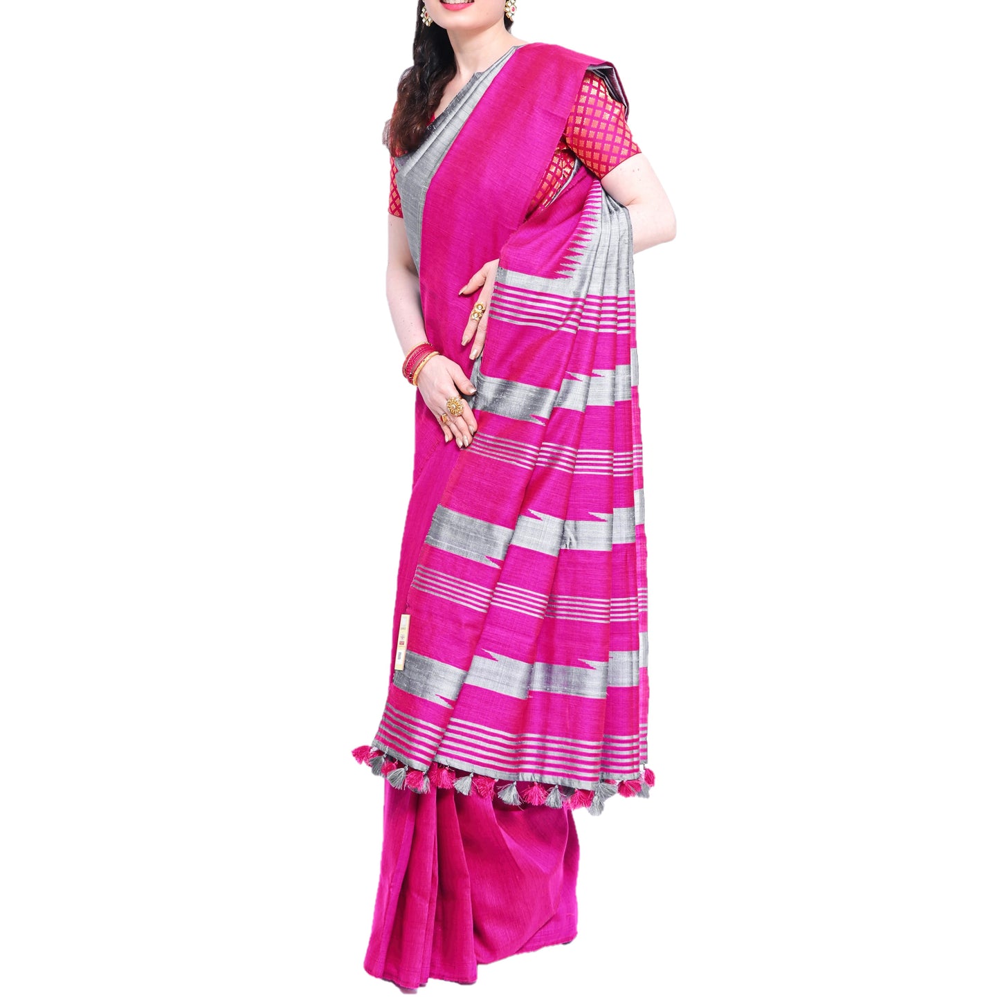 Pure Handloom Tussar Silk Saree - Silver Grey and Pink with Temple Border