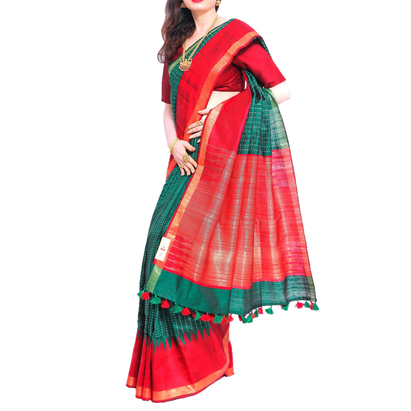 Pure Handloom Tussar Silk Saree - Bottle Green and Red with Temple Border