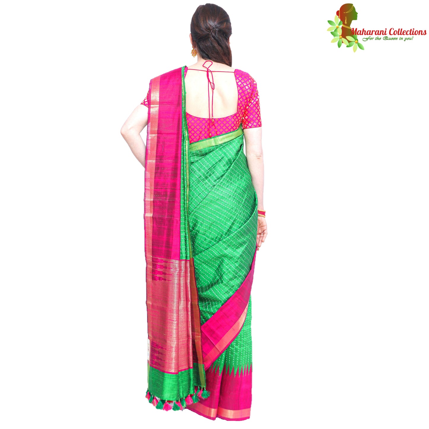 Pure Handloom Tussar Silk Saree - Green and Pink with Golden Zari and Temple Border