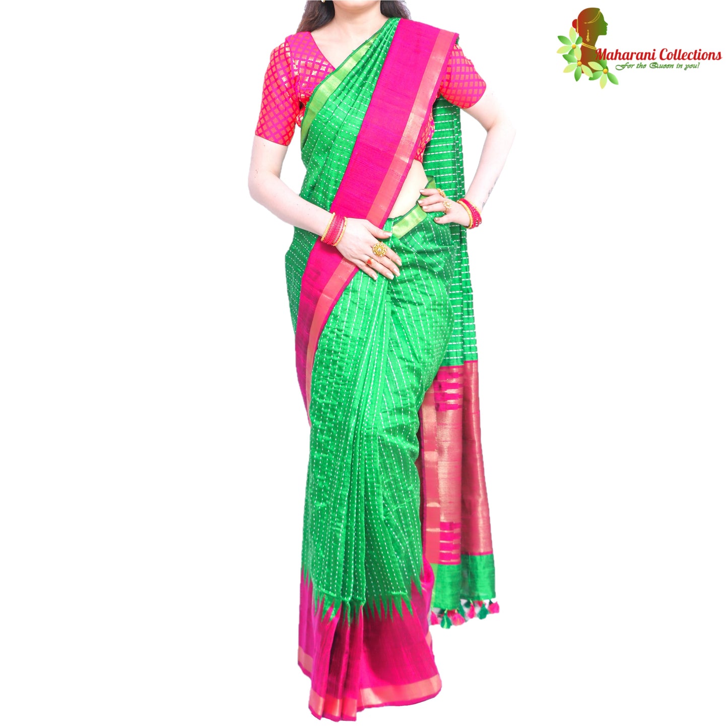 Pure Handloom Tussar Silk Saree - Green and Pink with Golden Zari and Temple Border