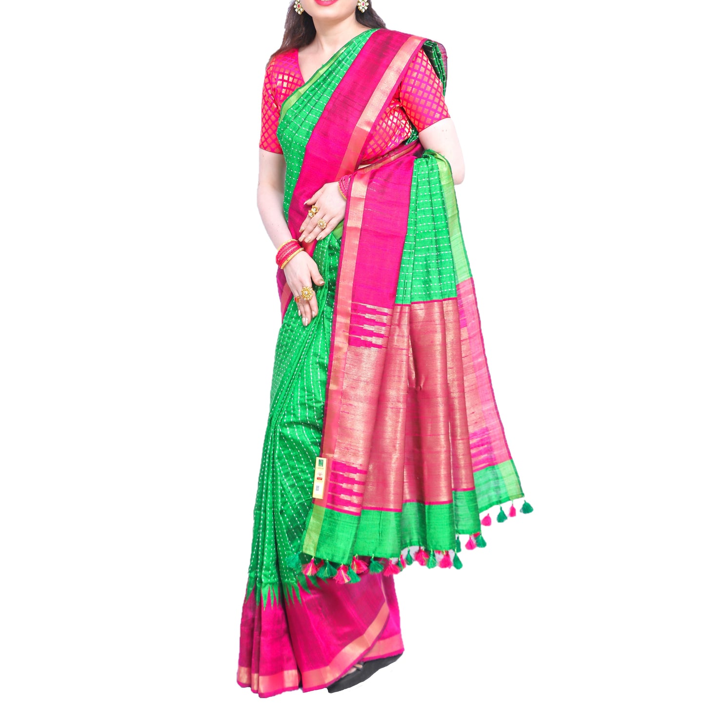 Pure Handloom Tussar Silk Saree - Green and Pink with Golden Zari and Temple Border