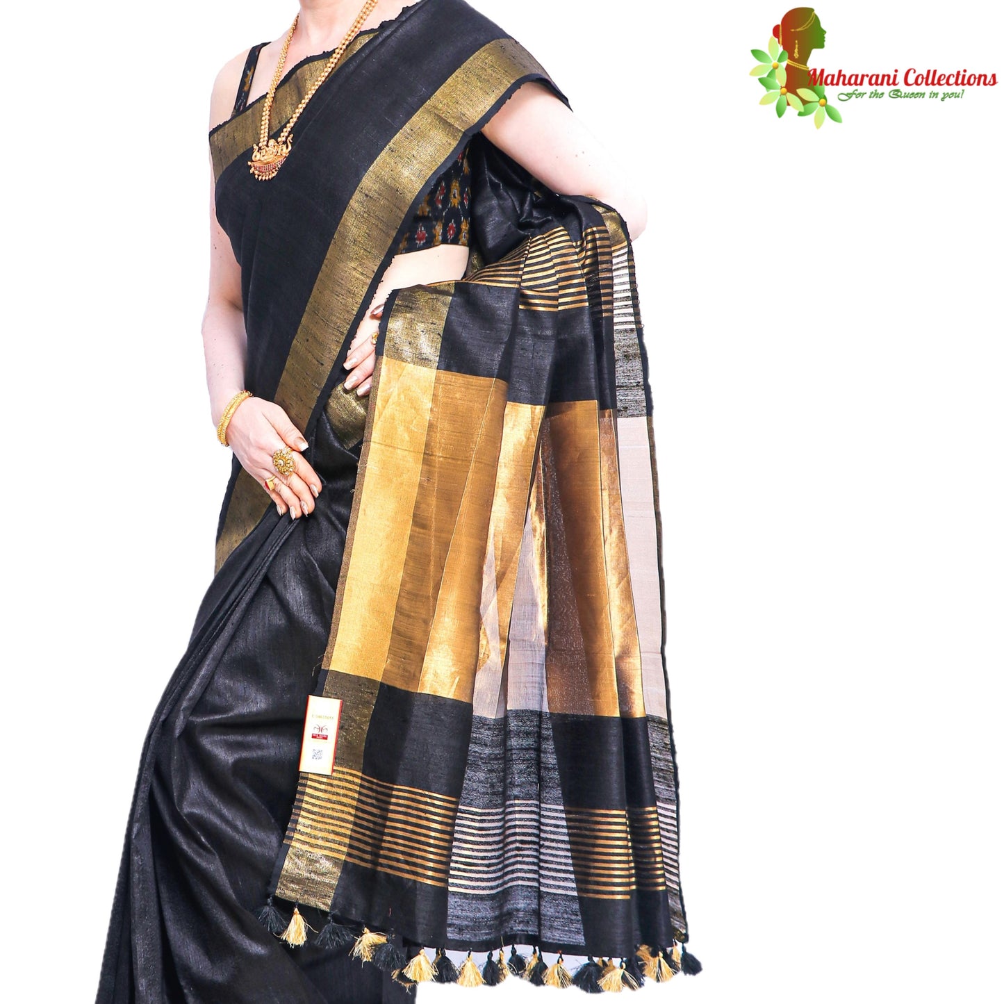 Maharani's Pure Tussar Silk Saree (Silk Mark) - Black with Golden Zari Border and Pallu