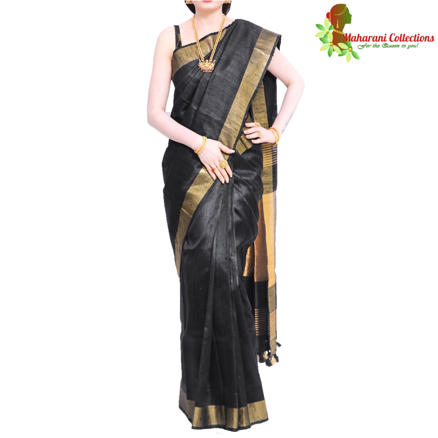 Maharani's Pure Tussar Silk Saree (Silk Mark) - Black with Golden Zari Border and Pallu