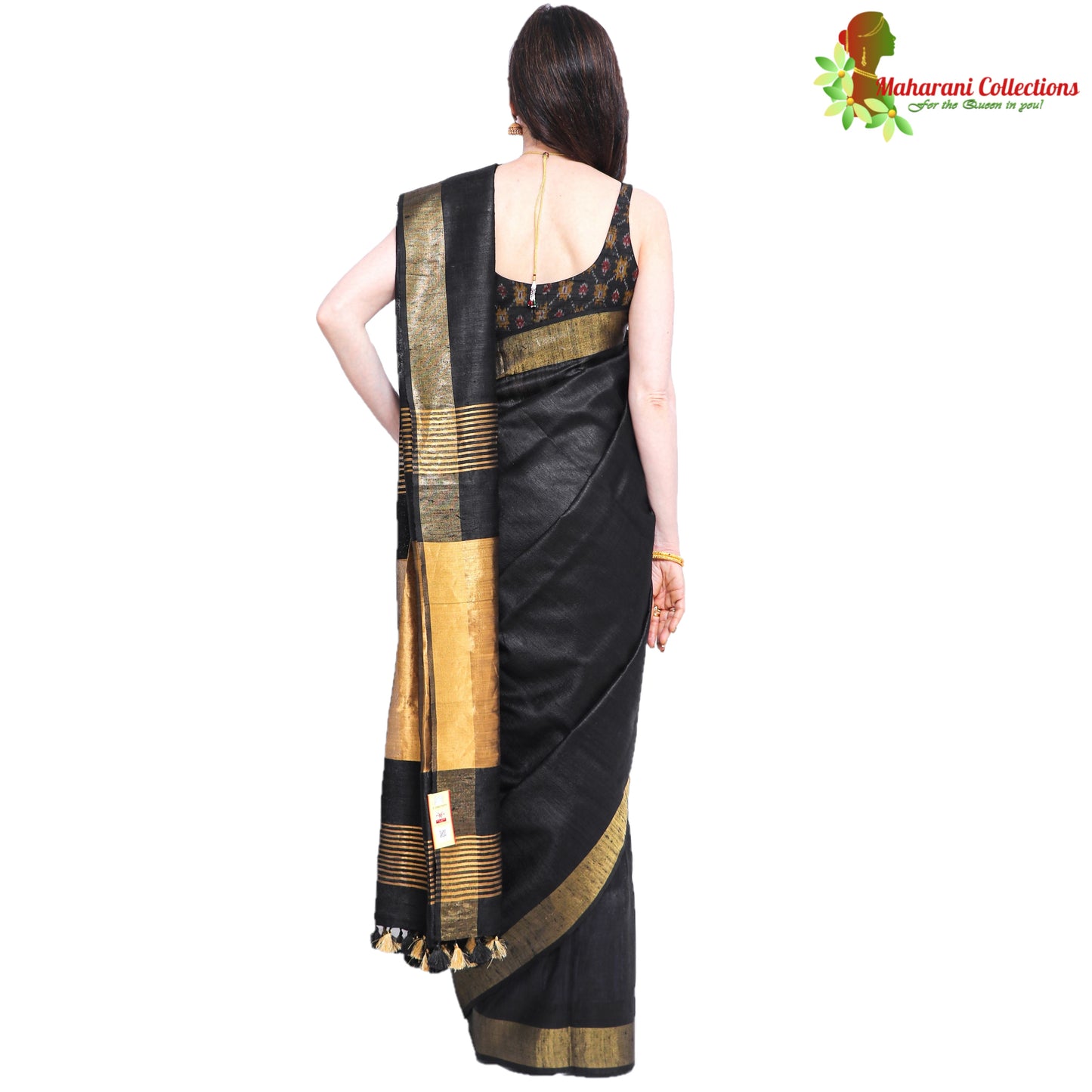 Maharani's Pure Tussar Silk Saree (Silk Mark) - Black with Golden Zari Border and Pallu