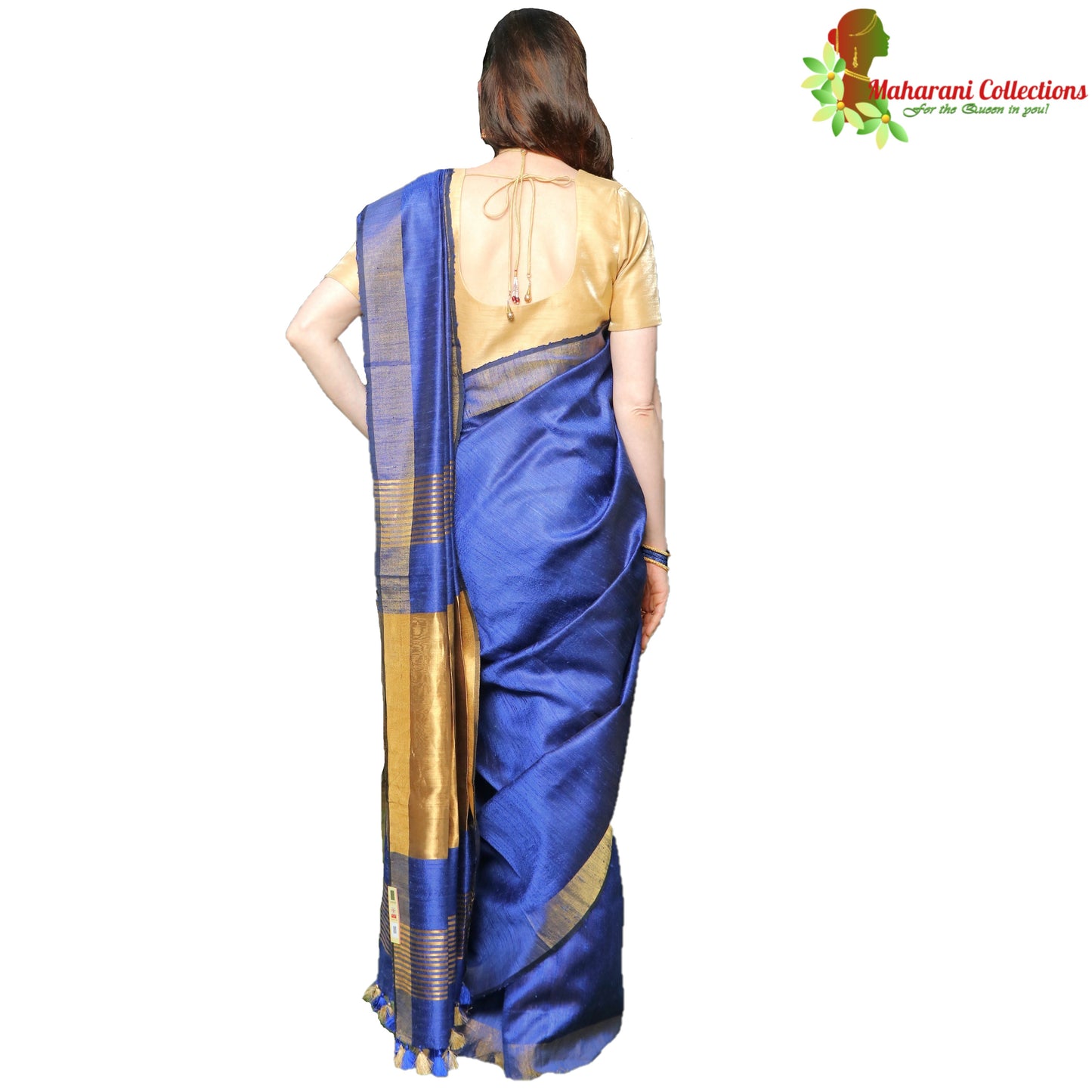 Pure Handloom Tussar Silk Saree - Royal Blue with Golden Zari Border and Pallu