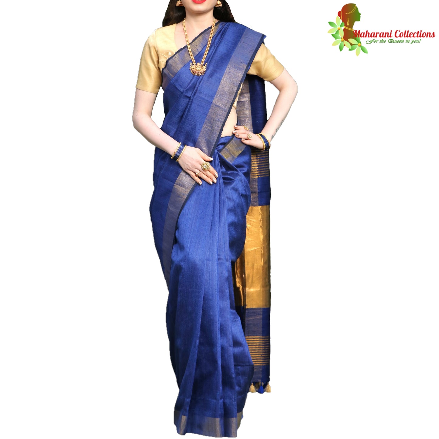 Pure Handloom Tussar Silk Saree - Royal Blue with Golden Zari Border and Pallu