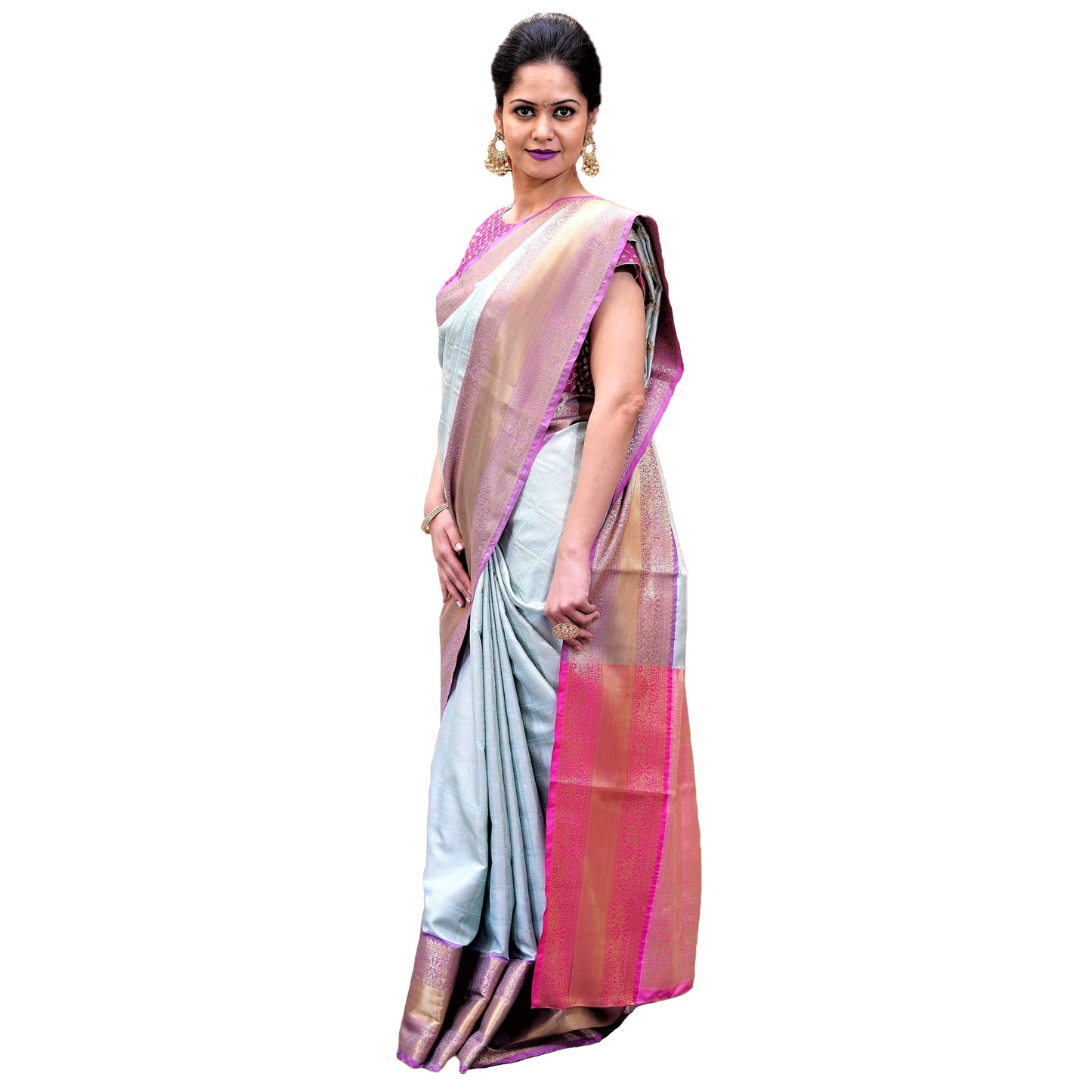 Maharani's Pure Handloom Kanjivaram Silk Saree - Blue and Pink with Golden Zari Work