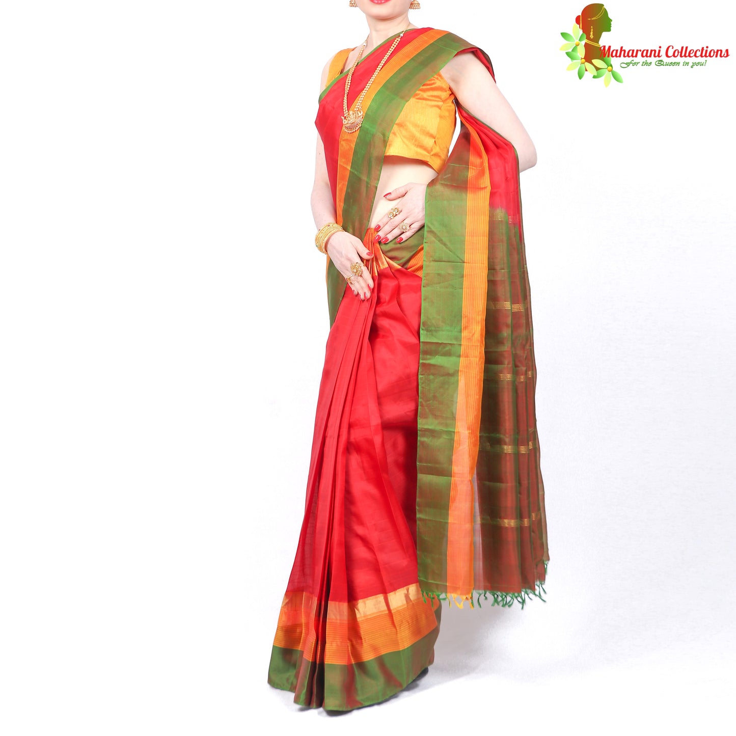 Maharani's Pure Handloom Kanjivaram Silk Saree - Red with Green and Golden Zari Border and Pallu