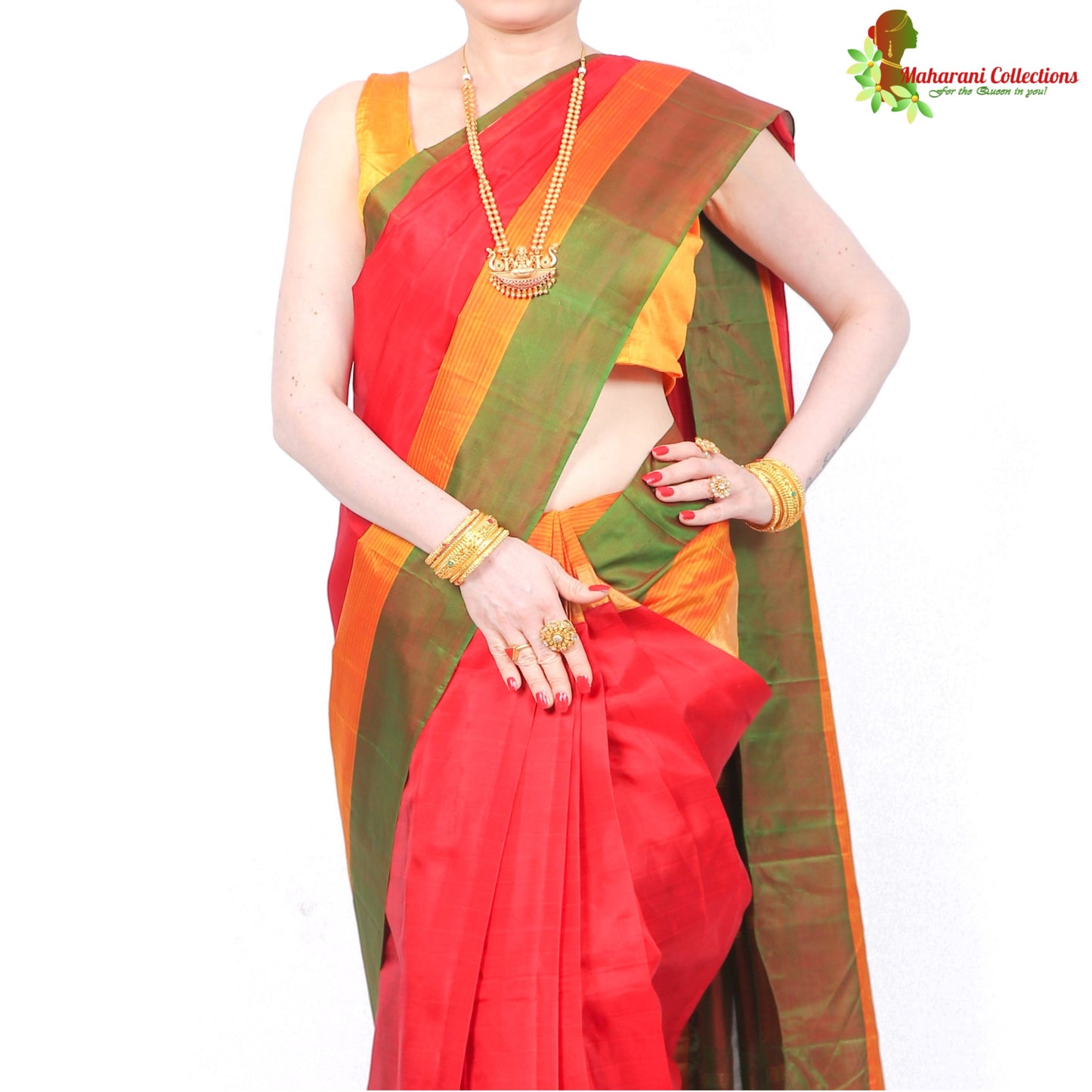 Maharani's Pure Handloom Kanjivaram Silk Saree - Red with Green and Golden Zari Border and Pallu