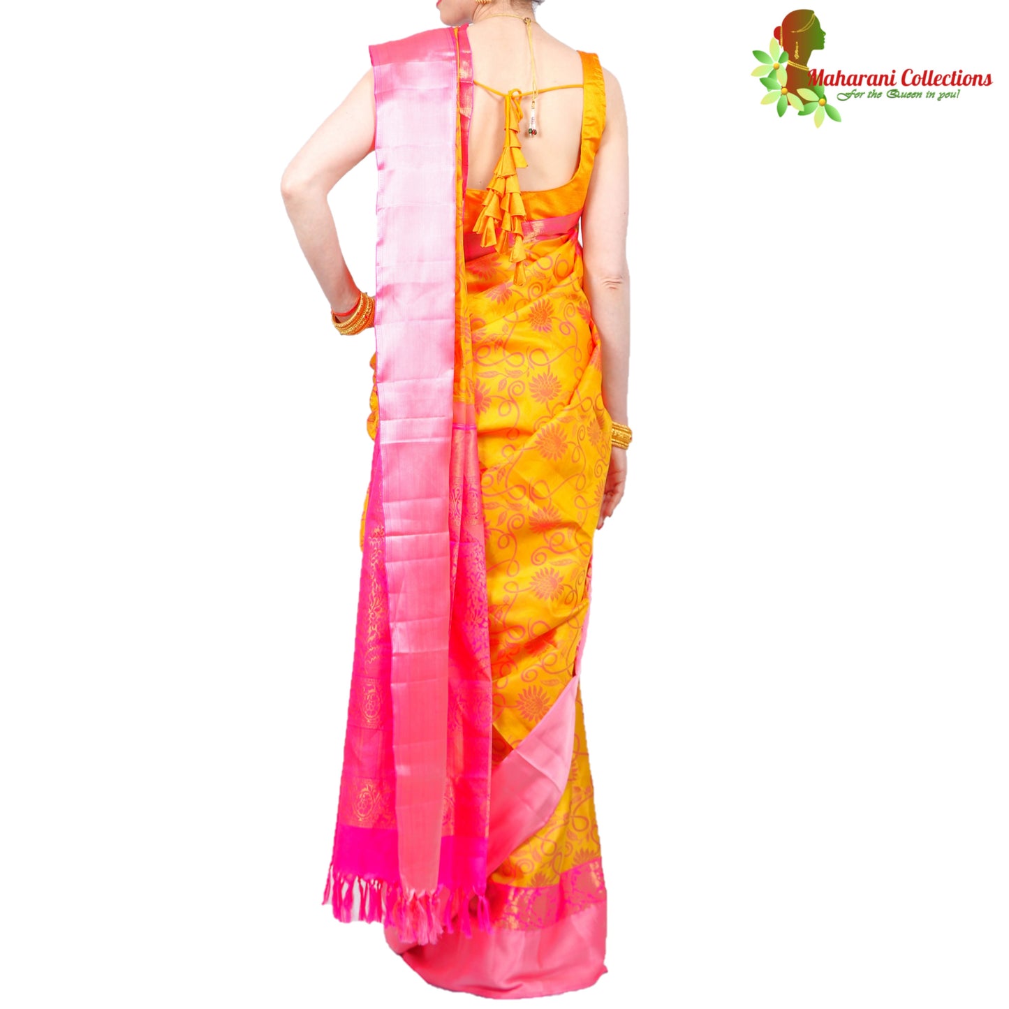 Maharani's Pure Handloom Kanjivaram Silk Saree - Auspicious Yellow with Pink Border and Pallu