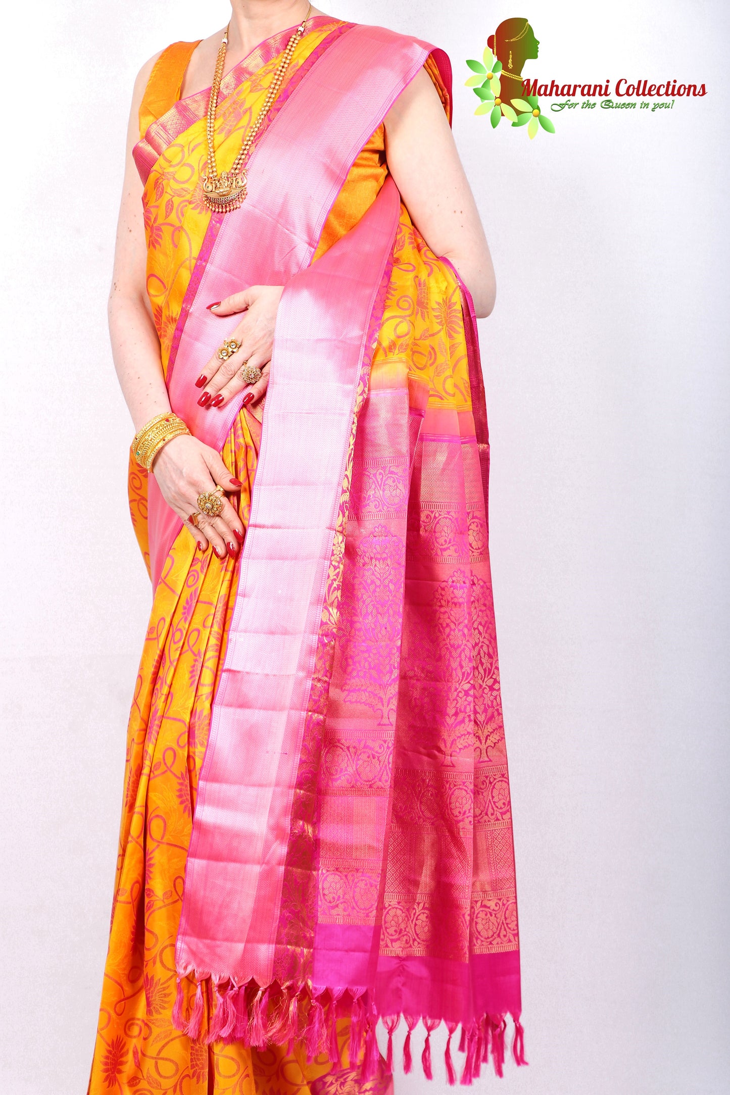 Maharani's Pure Handloom Kanjivaram Silk Saree - Auspicious Yellow with Pink Border and Pallu