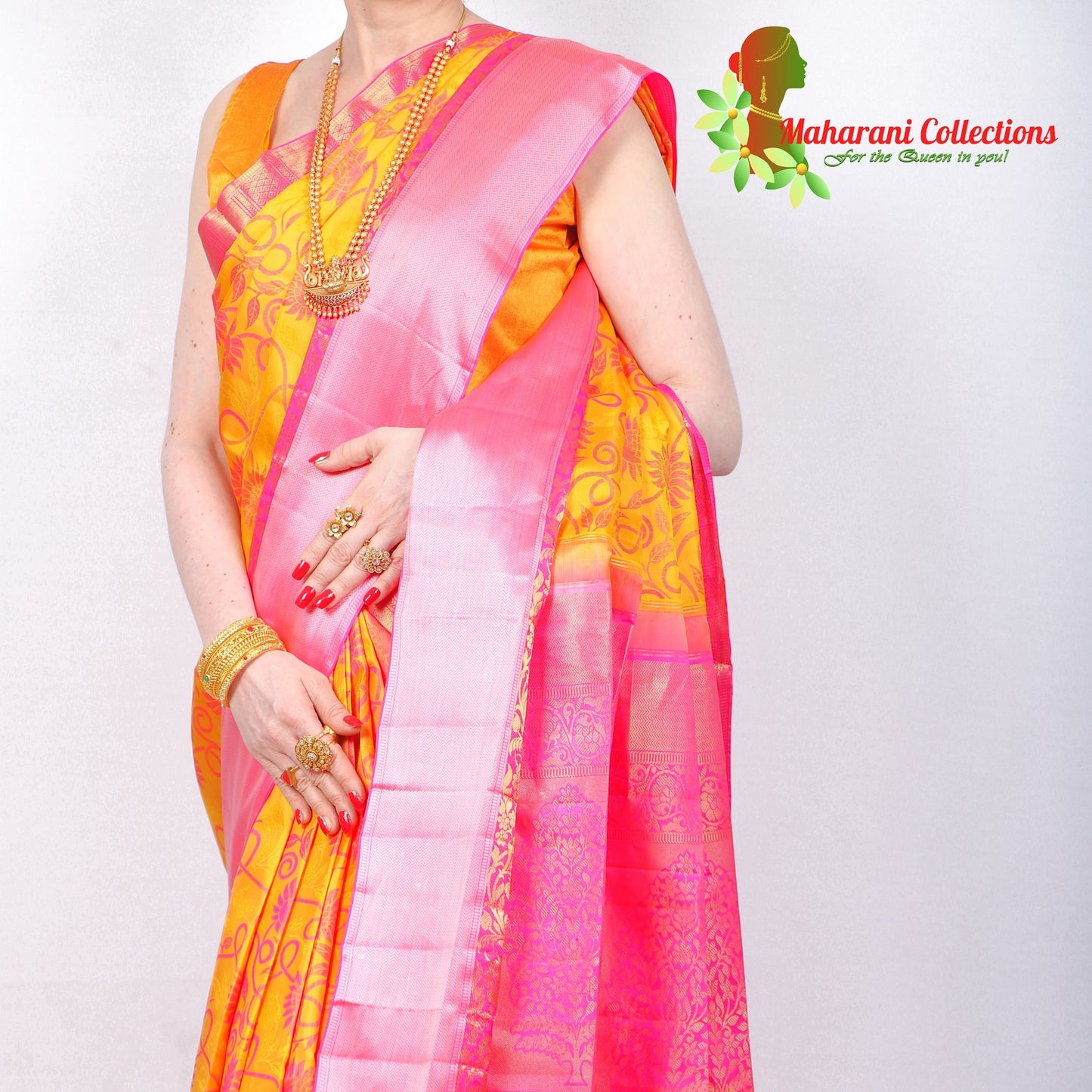 Maharani's Pure Handloom Kanjivaram Silk Saree - Auspicious Yellow with Pink Border and Pallu