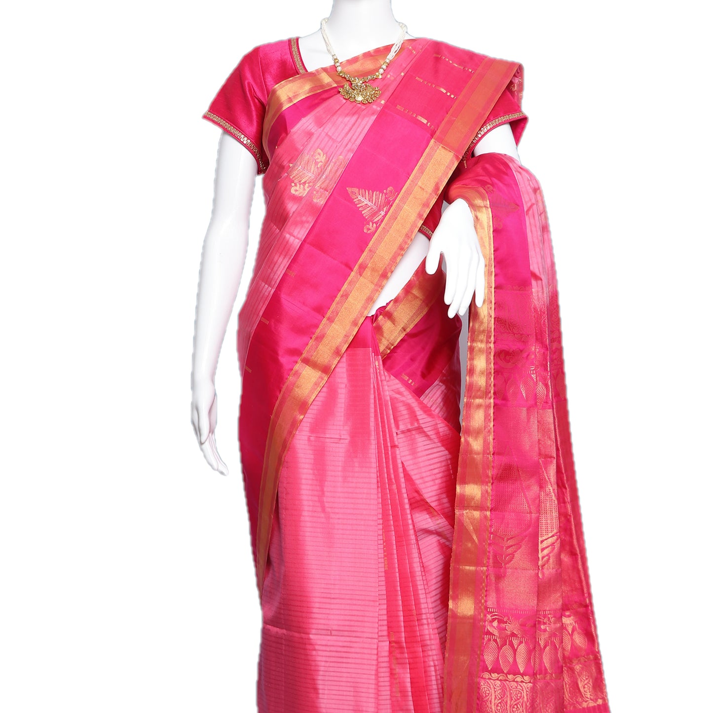 Maharani's Pure Handloom Kanjivaram Silk Saree - Pink with Golden Zari Work