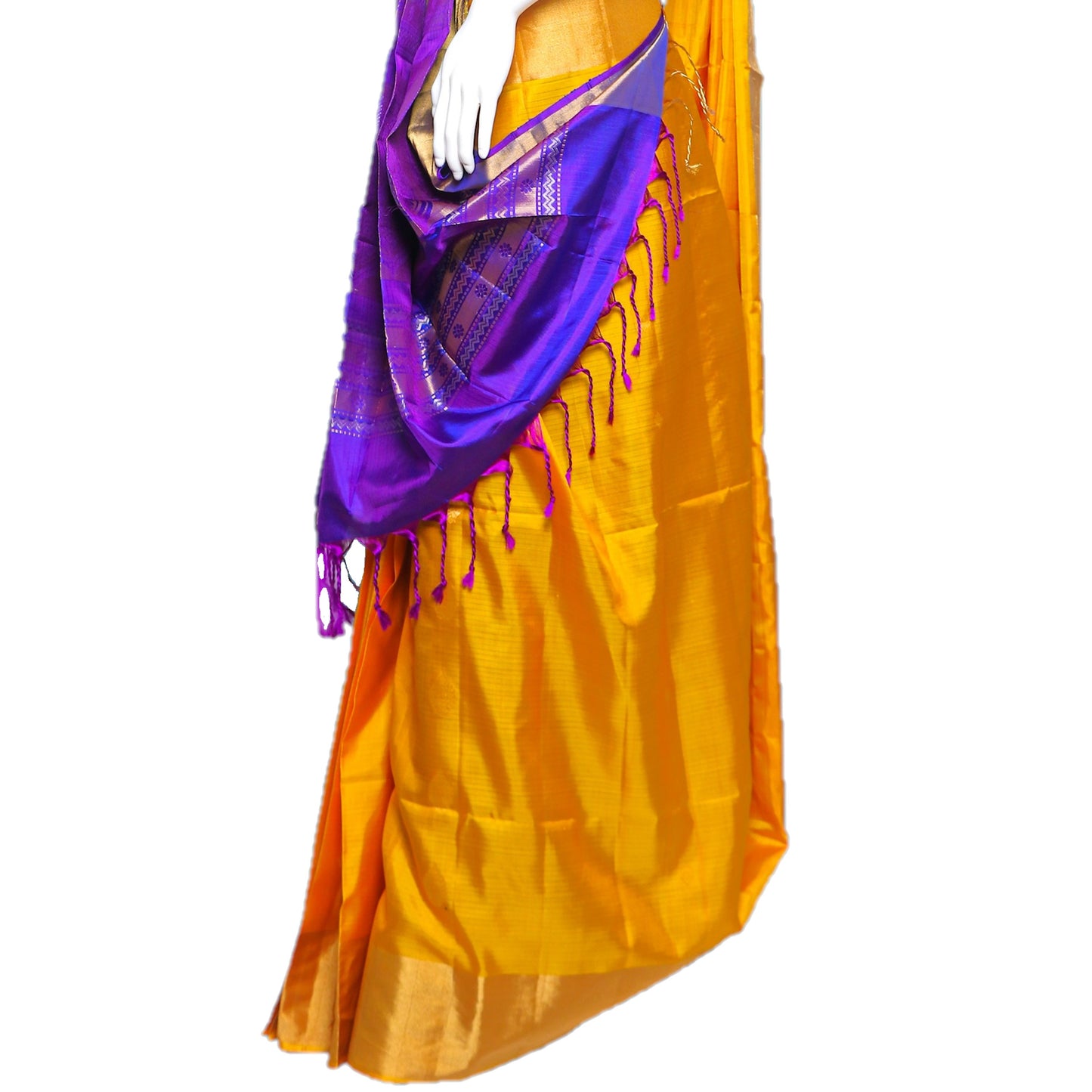 Maharani's Pure Handloom Kanjivaram Silk Saree - Yellow with Purple Border and Pallu