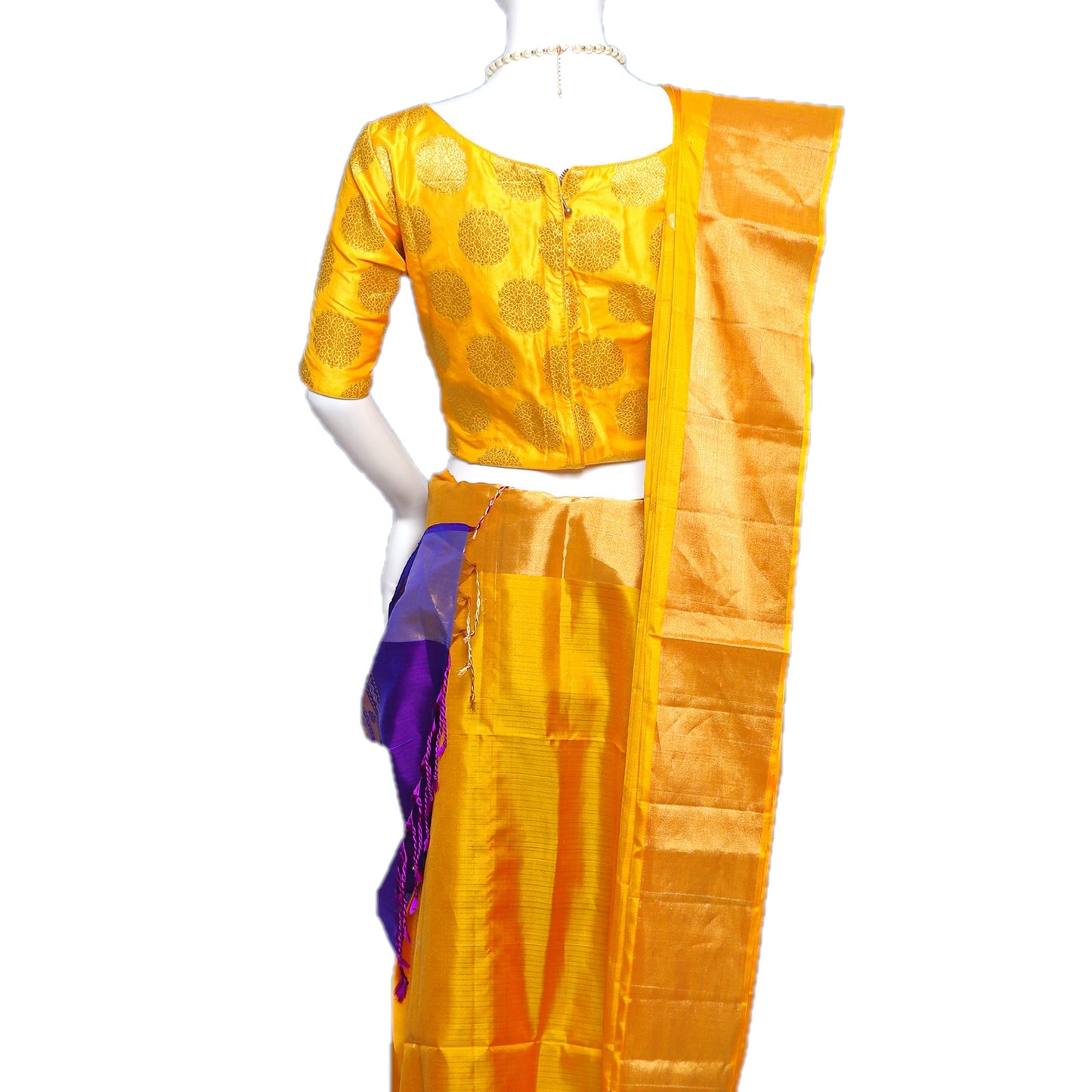 Maharani's Pure Handloom Kanjivaram Silk Saree - Yellow with Purple Border and Pallu