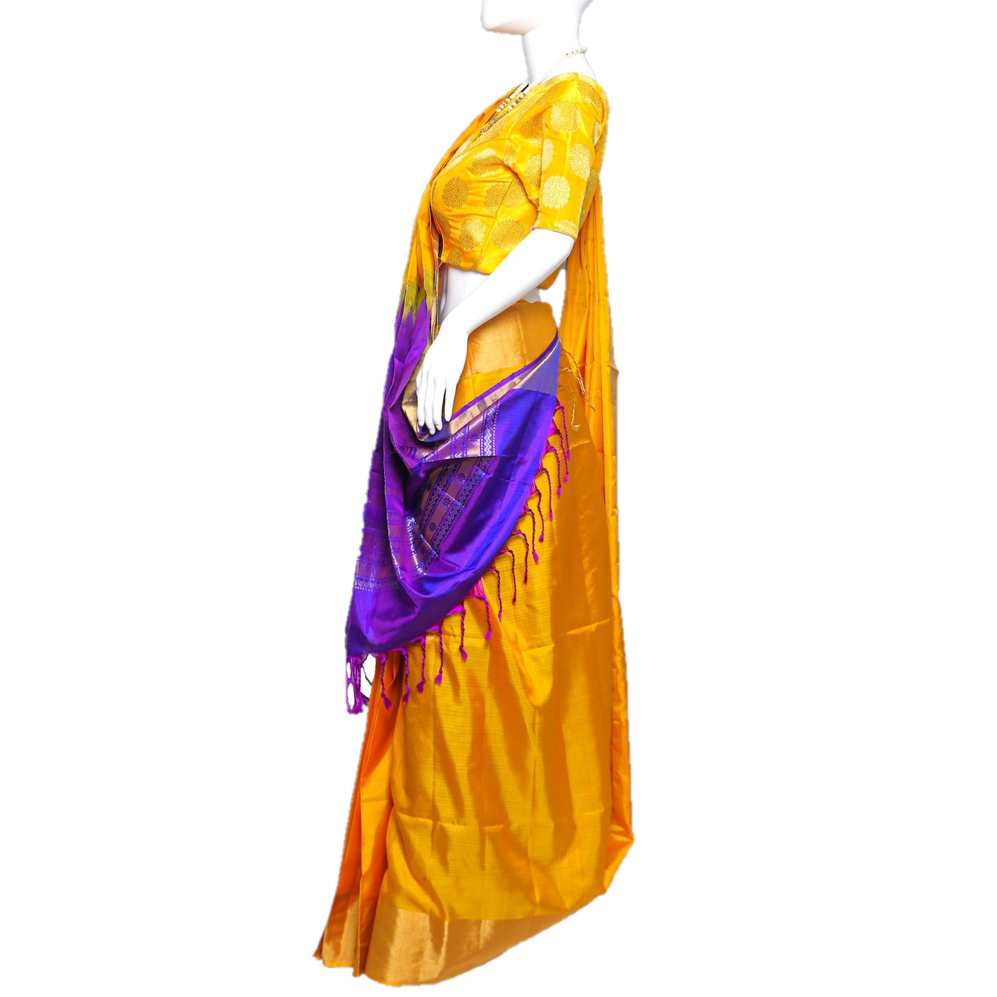 Maharani's Pure Handloom Kanjivaram Silk Saree - Yellow with Purple Border and Pallu