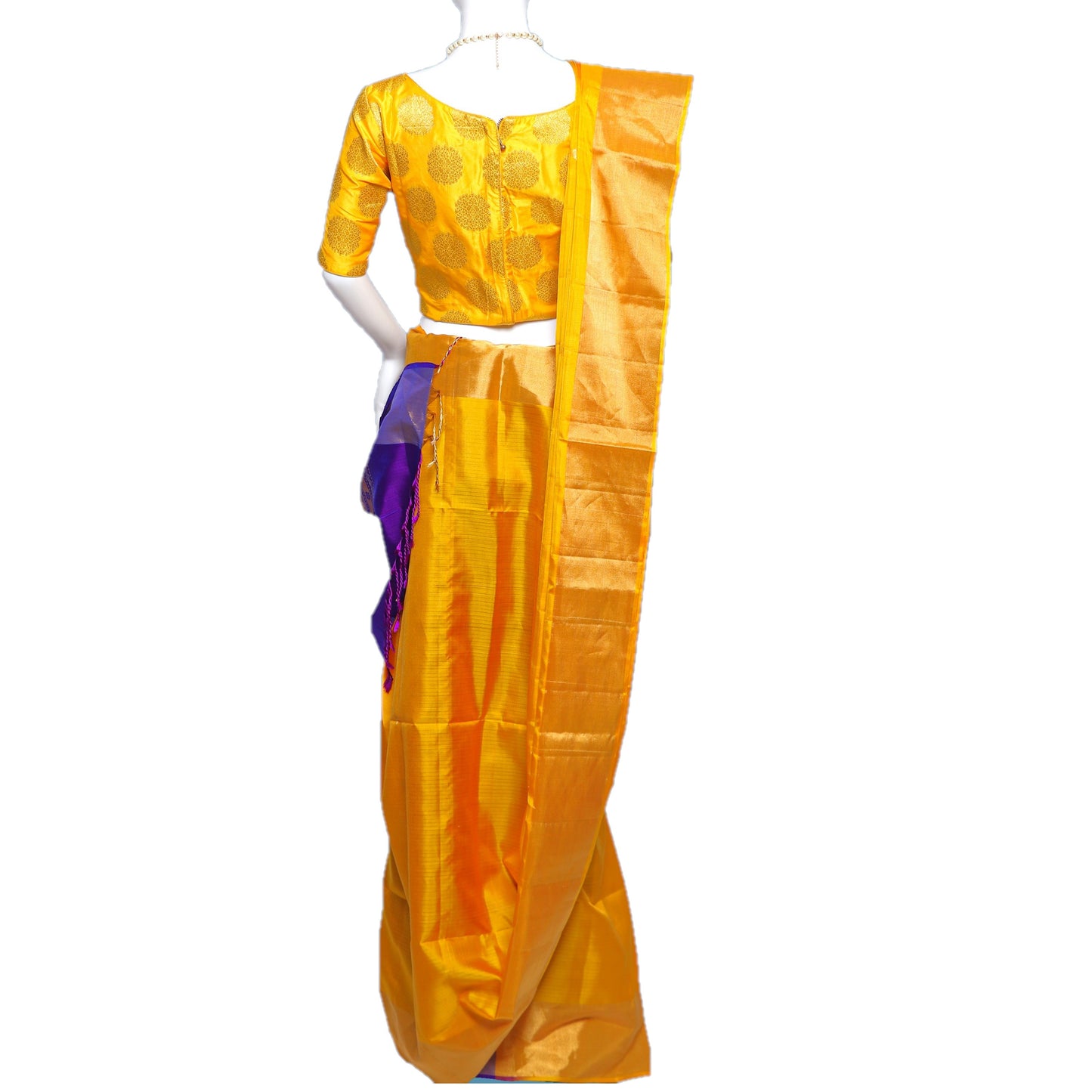 Maharani's Pure Handloom Kanjivaram Silk Saree - Yellow with Purple Border and Pallu