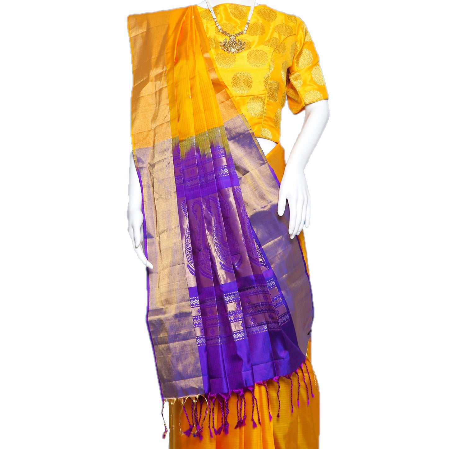 Maharani's Pure Handloom Kanjivaram Silk Saree - Yellow with Purple Border and Pallu