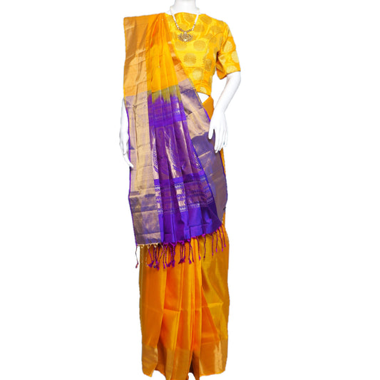 Maharani's Pure Handloom Kanjivaram Silk Saree - Yellow with Purple Border and Pallu