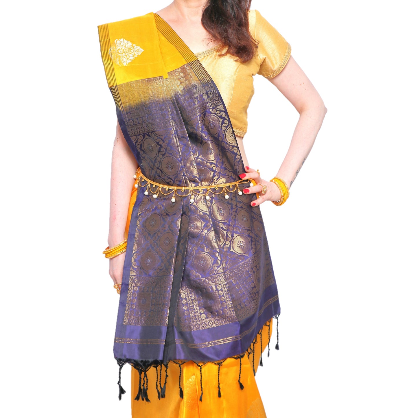 Maharani's Pure Handloom Kanjivaram Silk Saree - Yellow with Heavy Golden Zari Border and Pallu