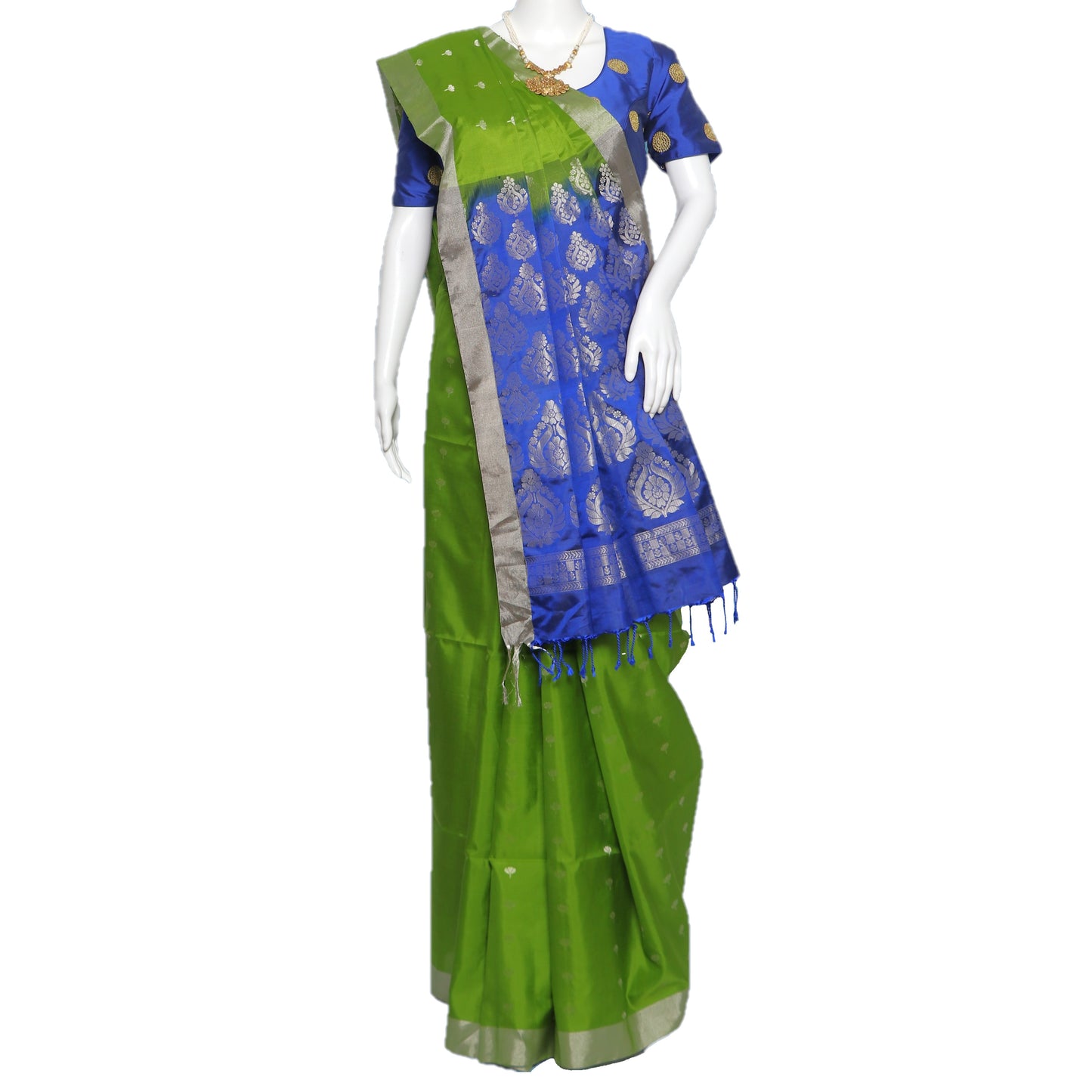 Maharani's Pure Handloom Kanjivaram Silk Saree - Parrot Green with Blue Pallu and Silver Zari Border