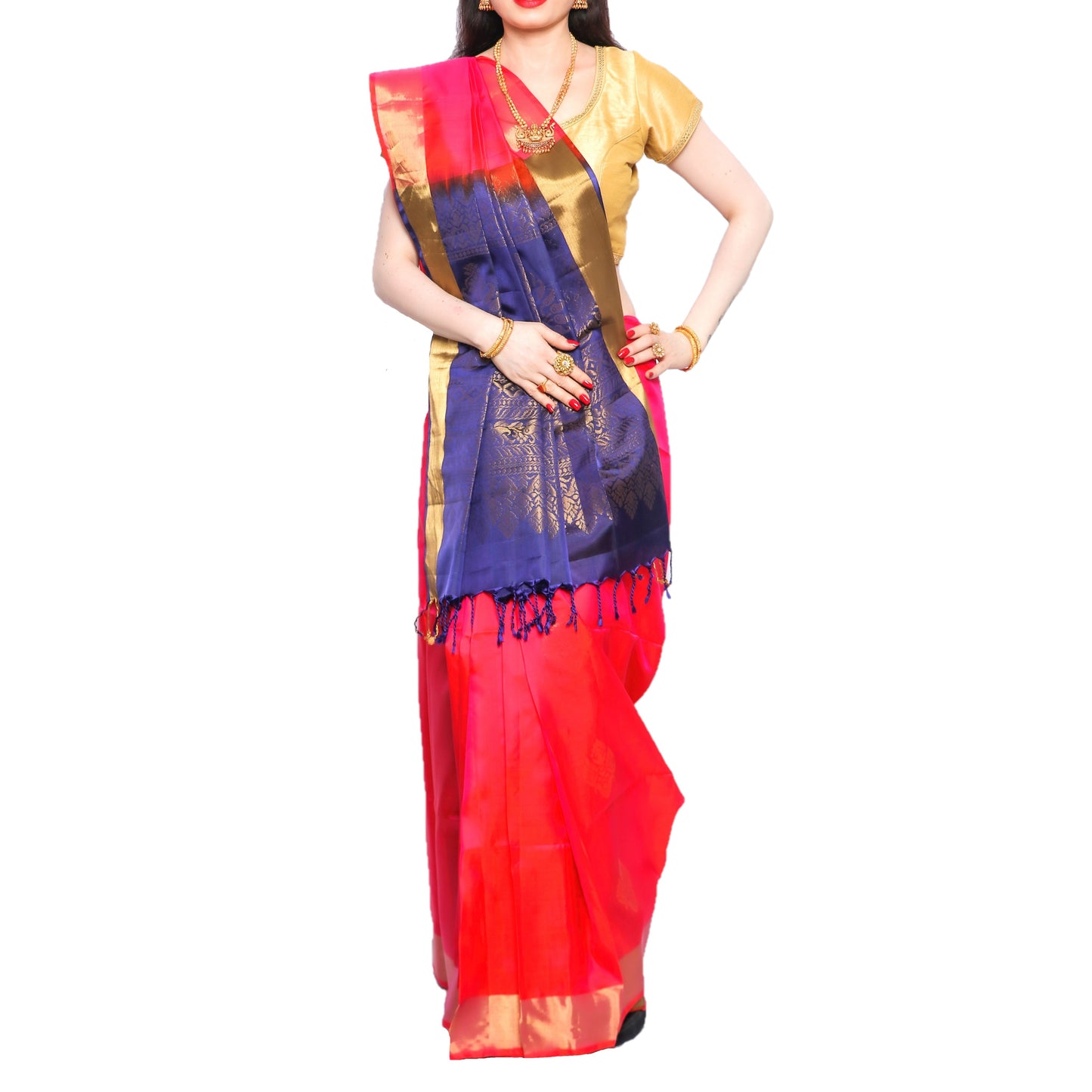 Maharani's Pure Handloom Kanjivaram Silk Saree - Red with Purple Pallu and Golden Zari Border