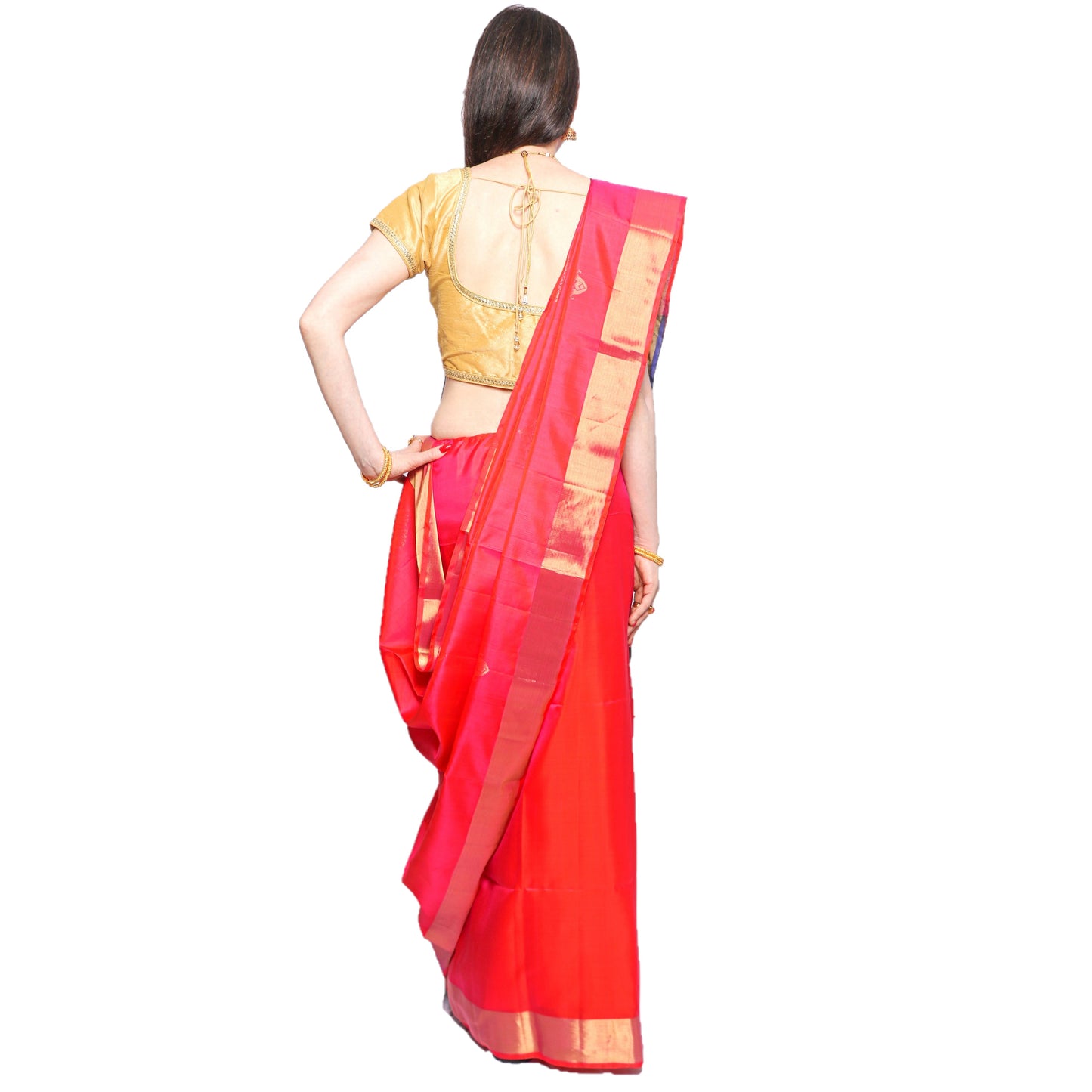 Maharani's Pure Handloom Kanjivaram Silk Saree - Red with Purple Pallu and Golden Zari Border