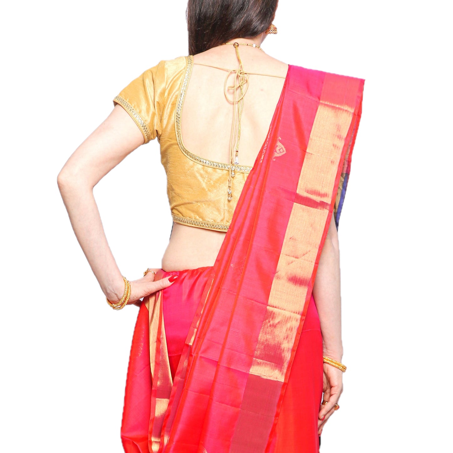 Maharani's Pure Handloom Kanjivaram Silk Saree - Red with Purple Pallu and Golden Zari Border