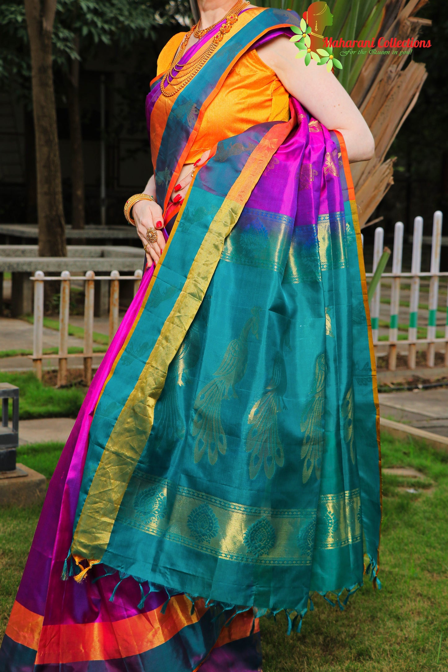 Maharani's Pure Handloom Kanjivaram Silk Saree - Purple with Turquoise Pallu and Golden Zari Border