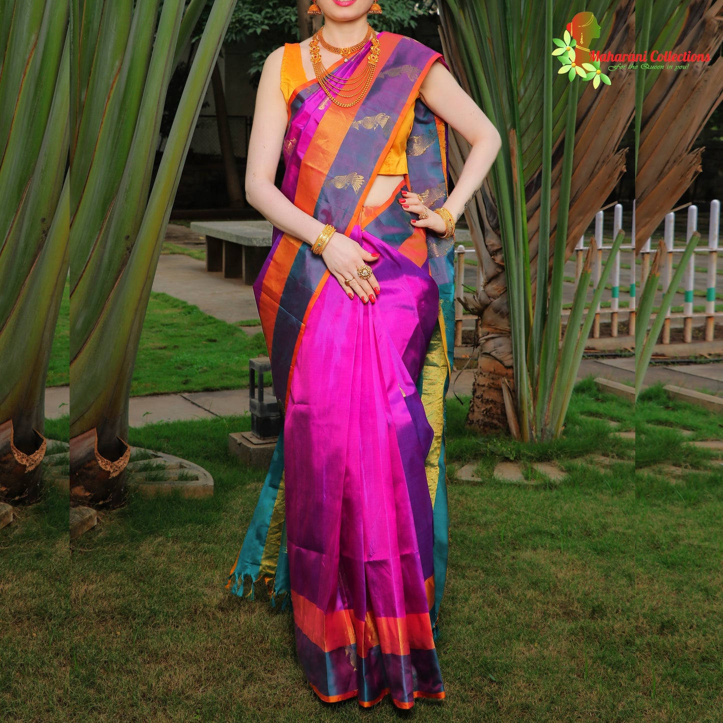 Maharani's Pure Handloom Kanjivaram Silk Saree - Purple with Turquoise Pallu and Golden Zari Border