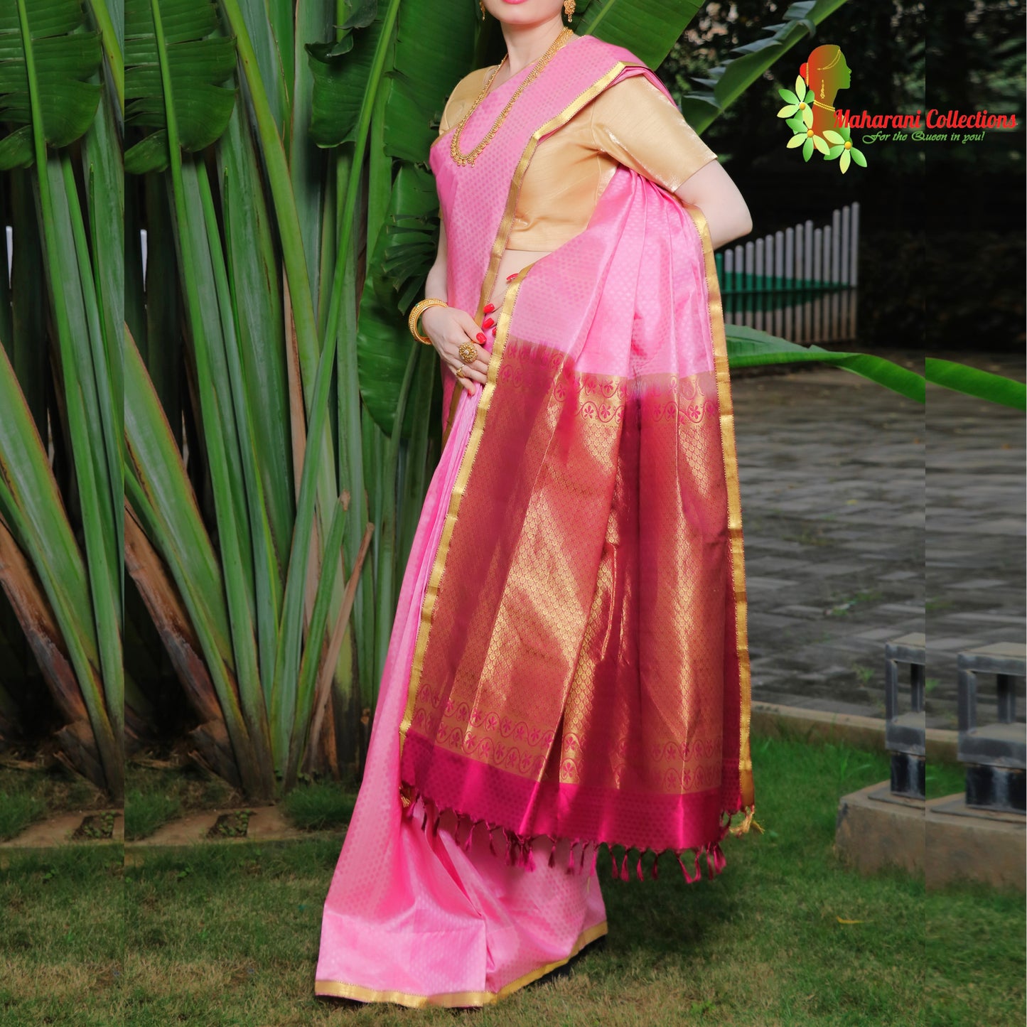 Maharani's Pure Handloom Kanjivaram Silk Saree - Pink with Purple Pallu and Golden Zari Border