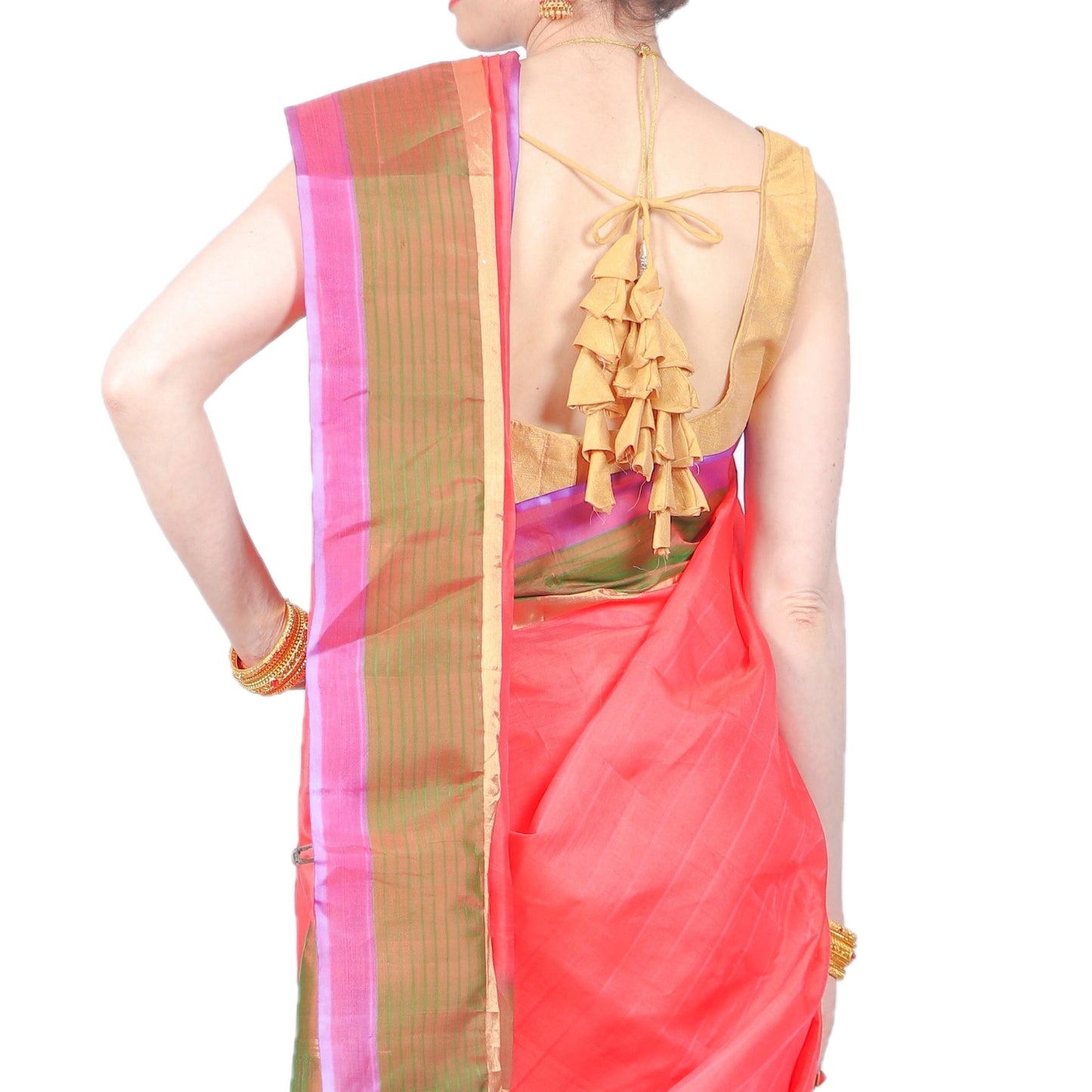 Maharani's Pure Handloom Kanjivaram Silk Saree - Orange with Green and Purple Border and Pallu