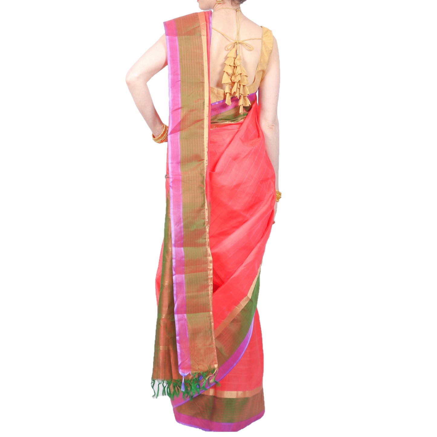 Maharani's Pure Handloom Kanjivaram Silk Saree - Orange with Green and Purple Border and Pallu