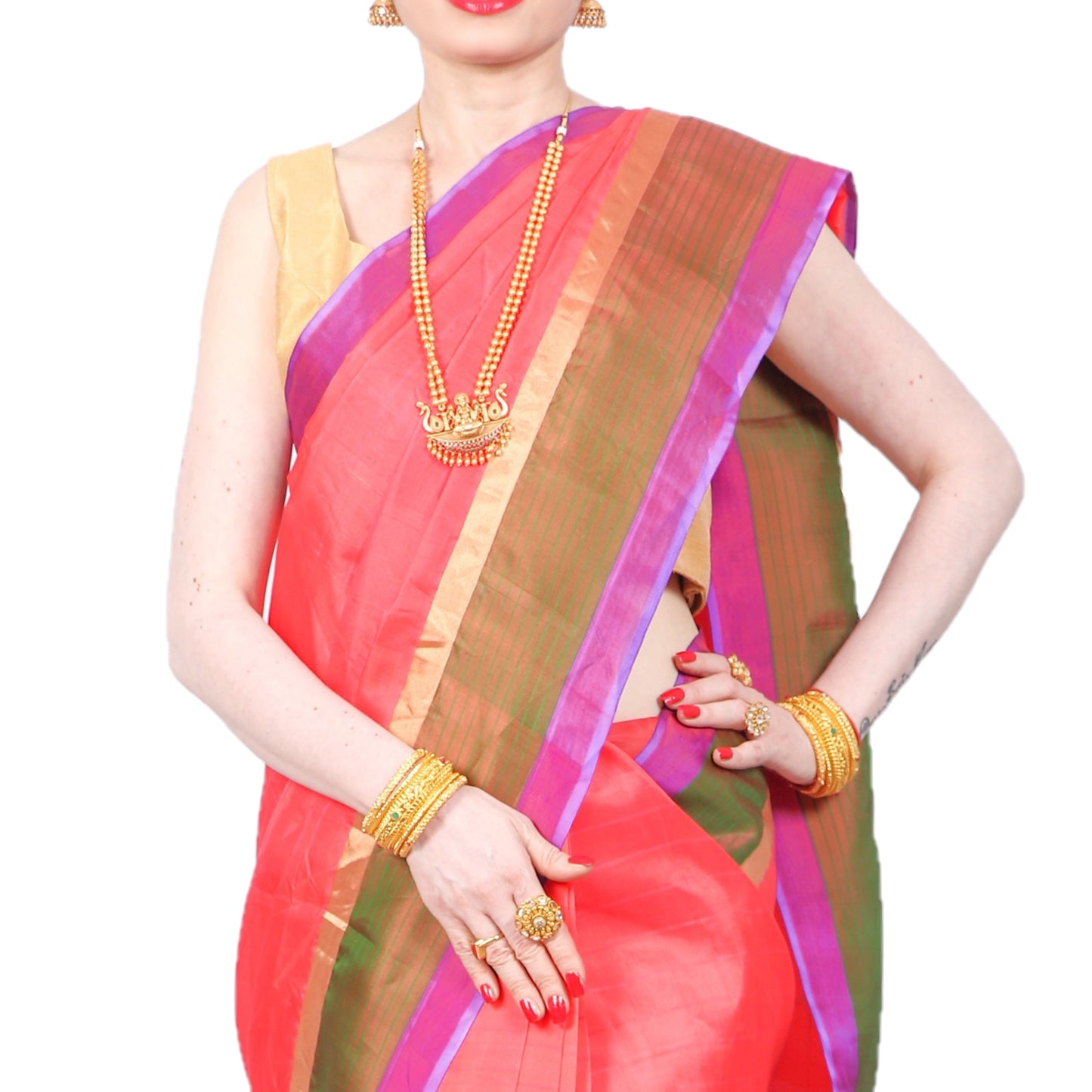 Maharani's Pure Handloom Kanjivaram Silk Saree - Orange with Green and Purple Border and Pallu