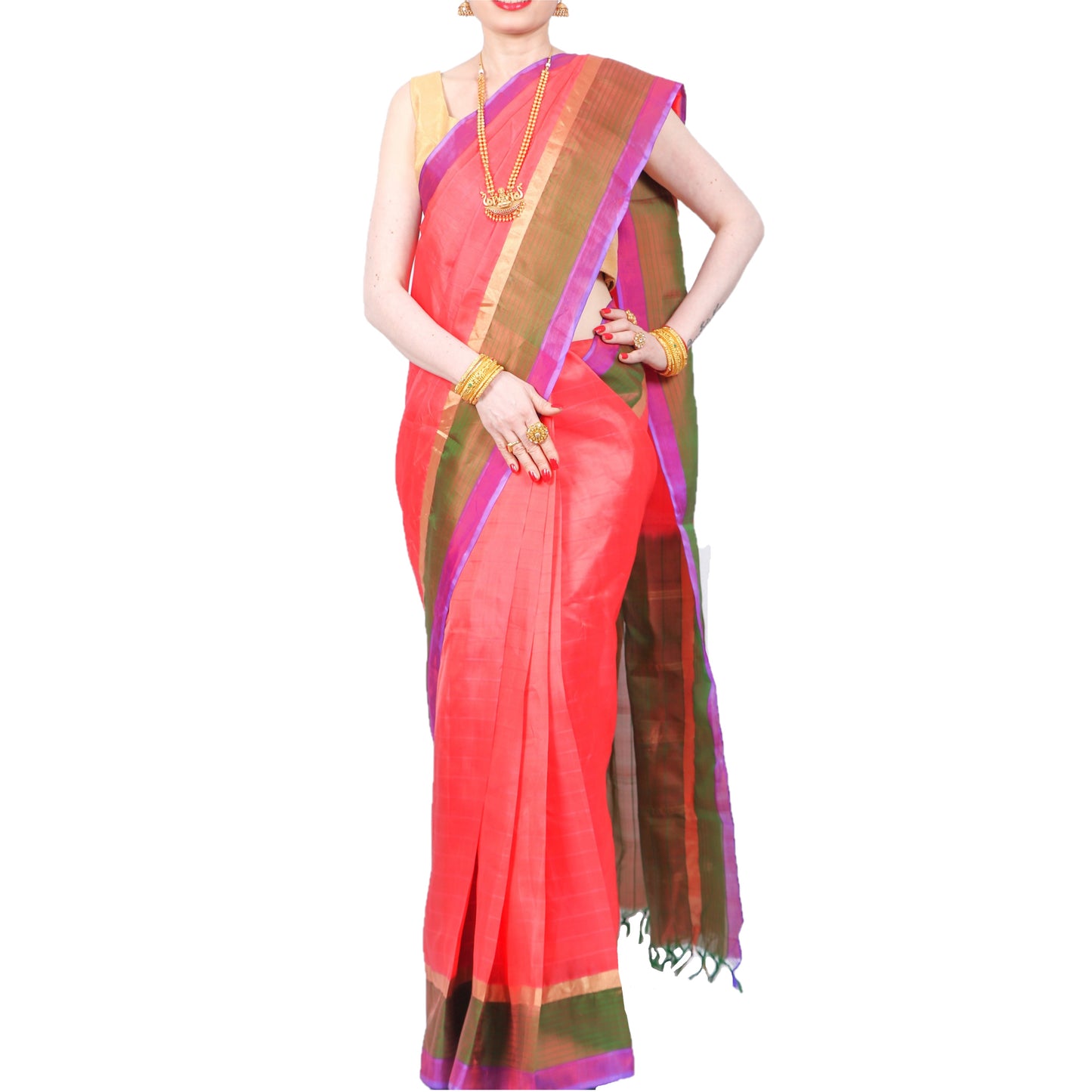 Maharani's Pure Handloom Kanjivaram Silk Saree - Orange with Green and Purple Border and Pallu