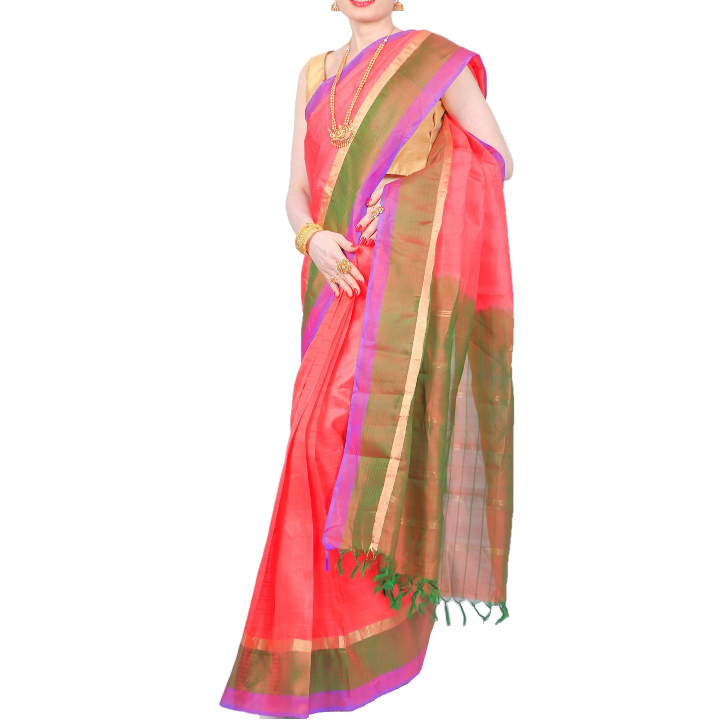 Maharani's Pure Handloom Kanjivaram Silk Saree - Orange with Green and Purple Border and Pallu