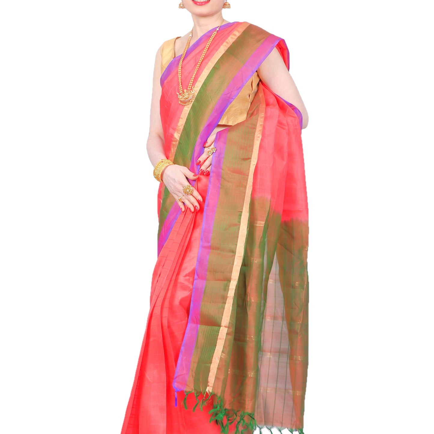 Maharani's Pure Handloom Kanjivaram Silk Saree - Orange with Green and Purple Border and Pallu