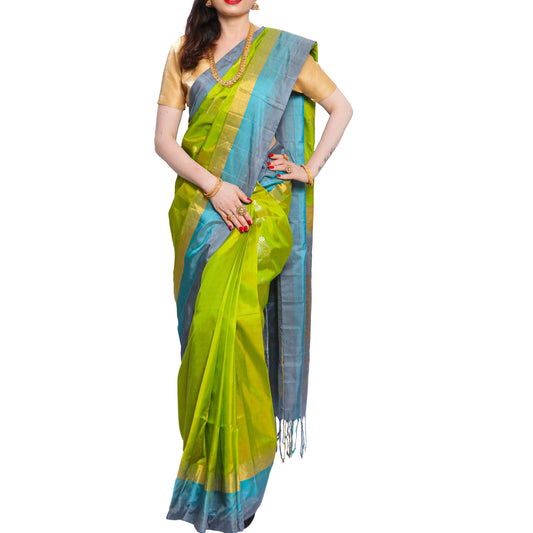Maharani's Pure Handloom Kanjivaram Silk Saree - Green with Blue Pallu and Golden Zari Border