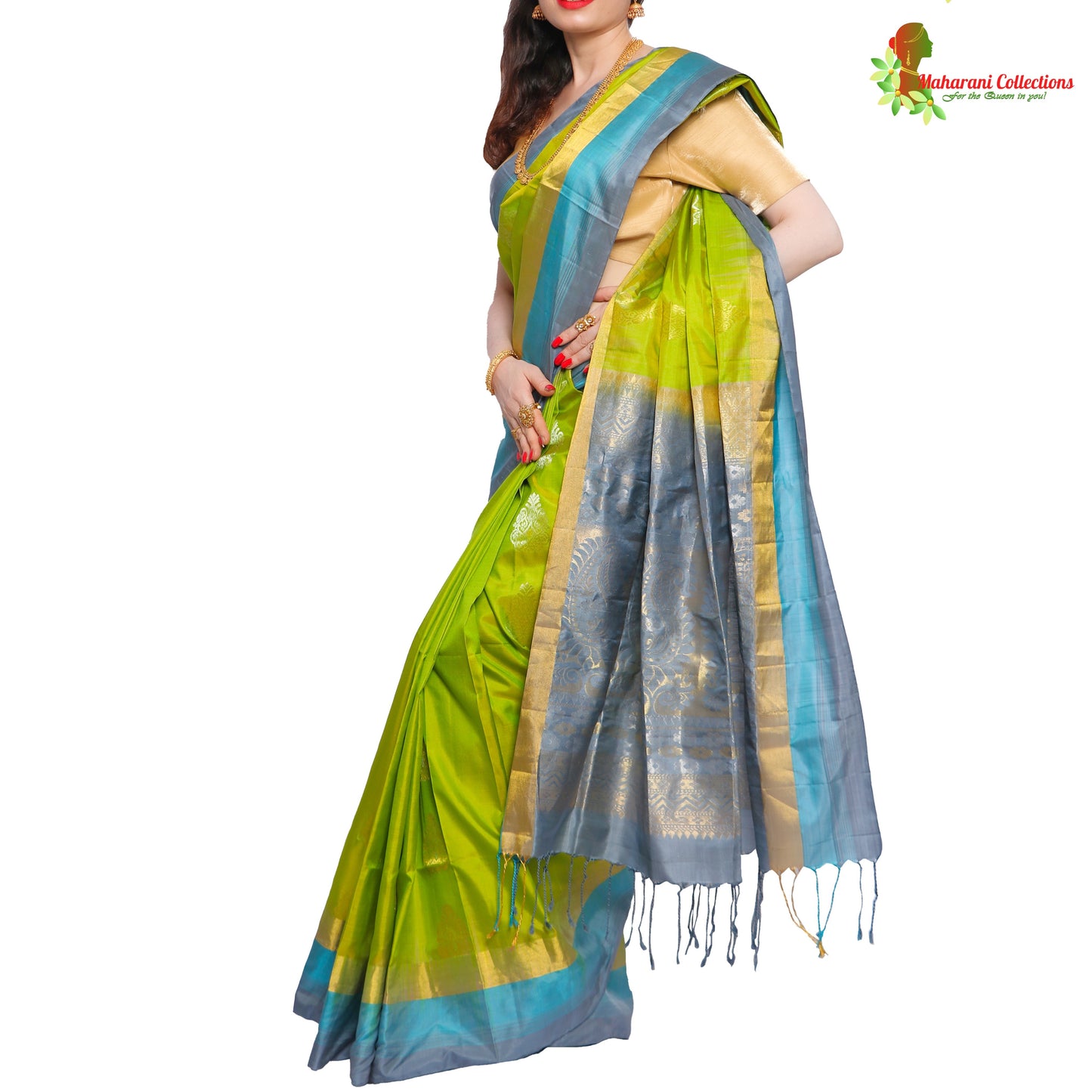 Maharani's Pure Handloom Kanjivaram Silk Saree - Green with Blue Pallu and Golden Zari Border