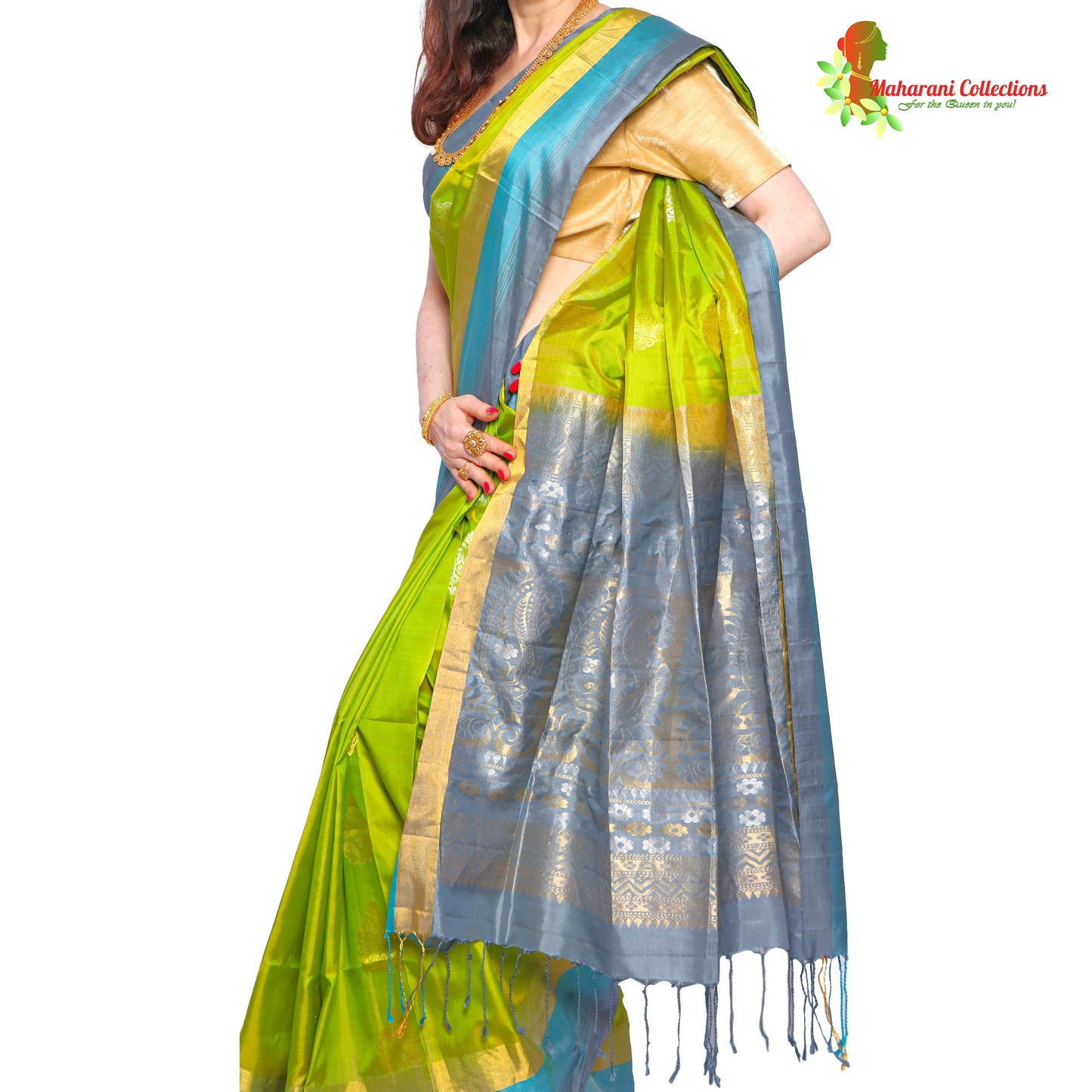 Maharani's Pure Handloom Kanjivaram Silk Saree - Green with Blue Pallu and Golden Zari Border