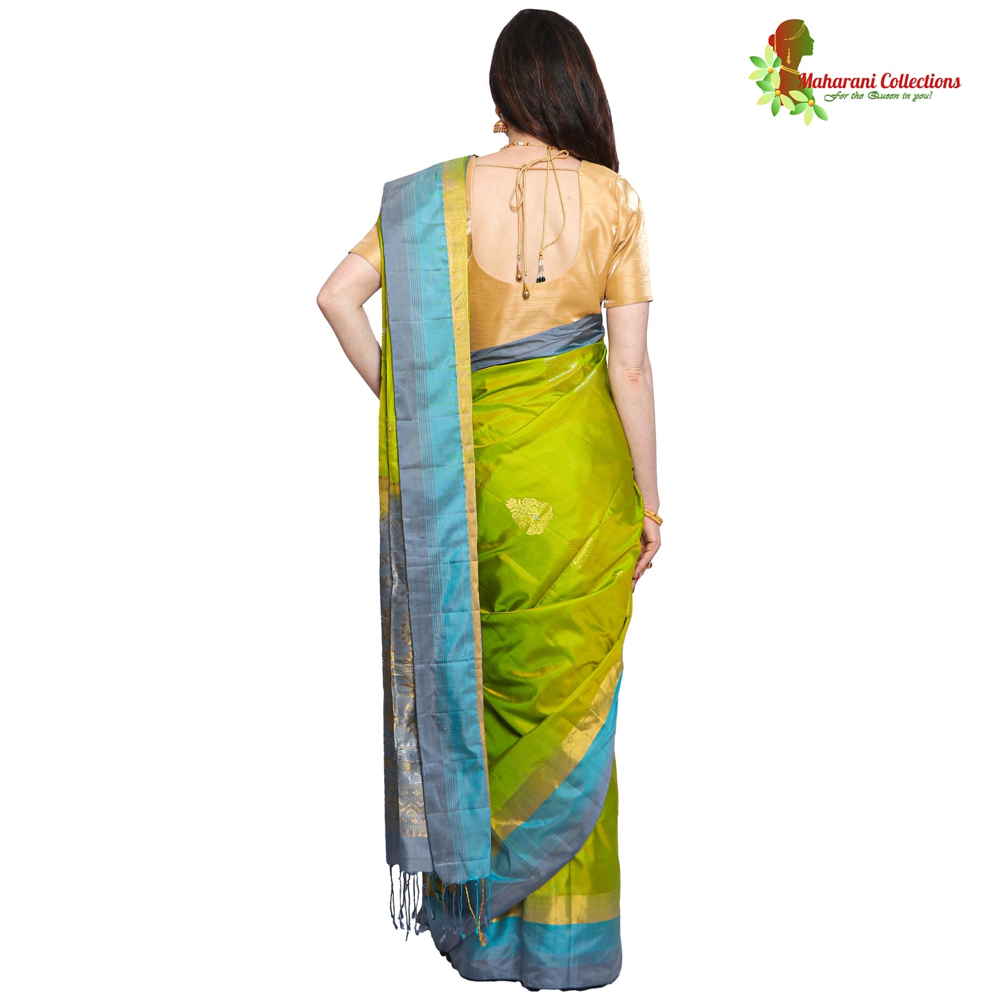 Maharani's Pure Handloom Kanjivaram Silk Saree - Green with Blue Pallu and Golden Zari Border