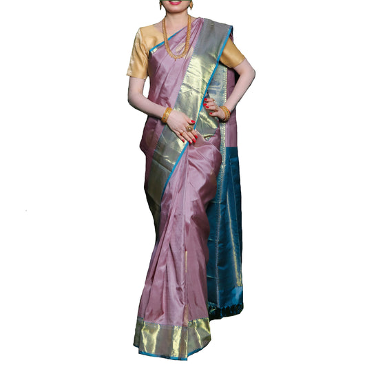 Maharani's Pure Handloom Kanjivaram Silk Saree - Purple with Blue Pallu and Golden Zari Border