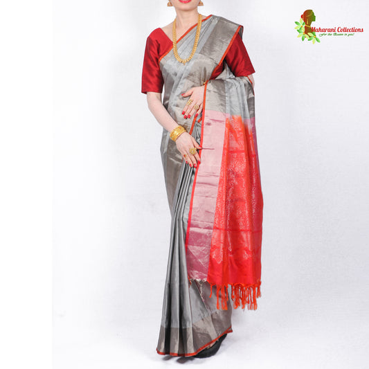 Maharani's Pure Handloom Kanjivaram Silk Saree - Slate Grey with Red Pallu and Silver Zari Border