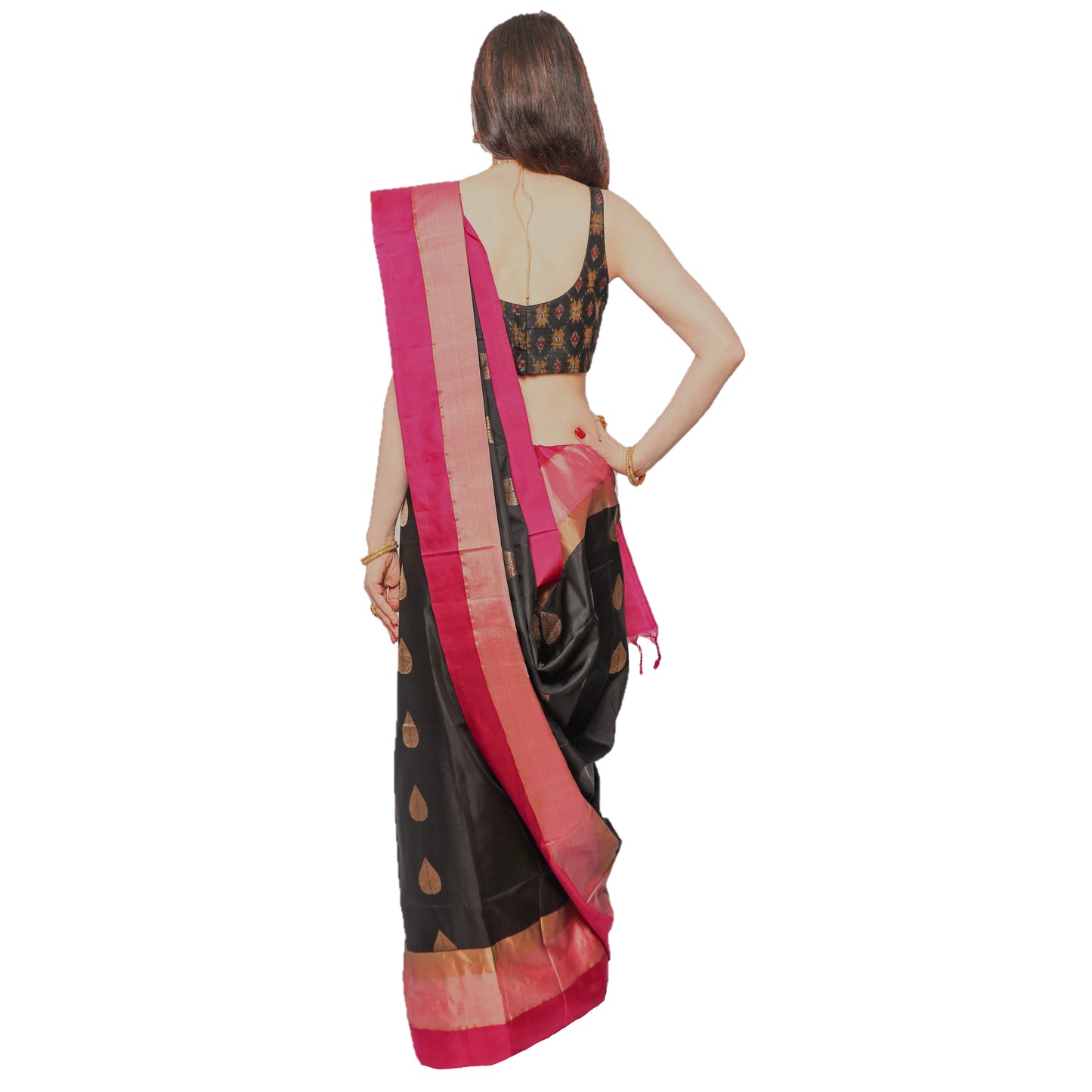 Maharani's Pure Handloom Kanjivaram Silk Saree - Black with Pink and Golden Border and Pallu