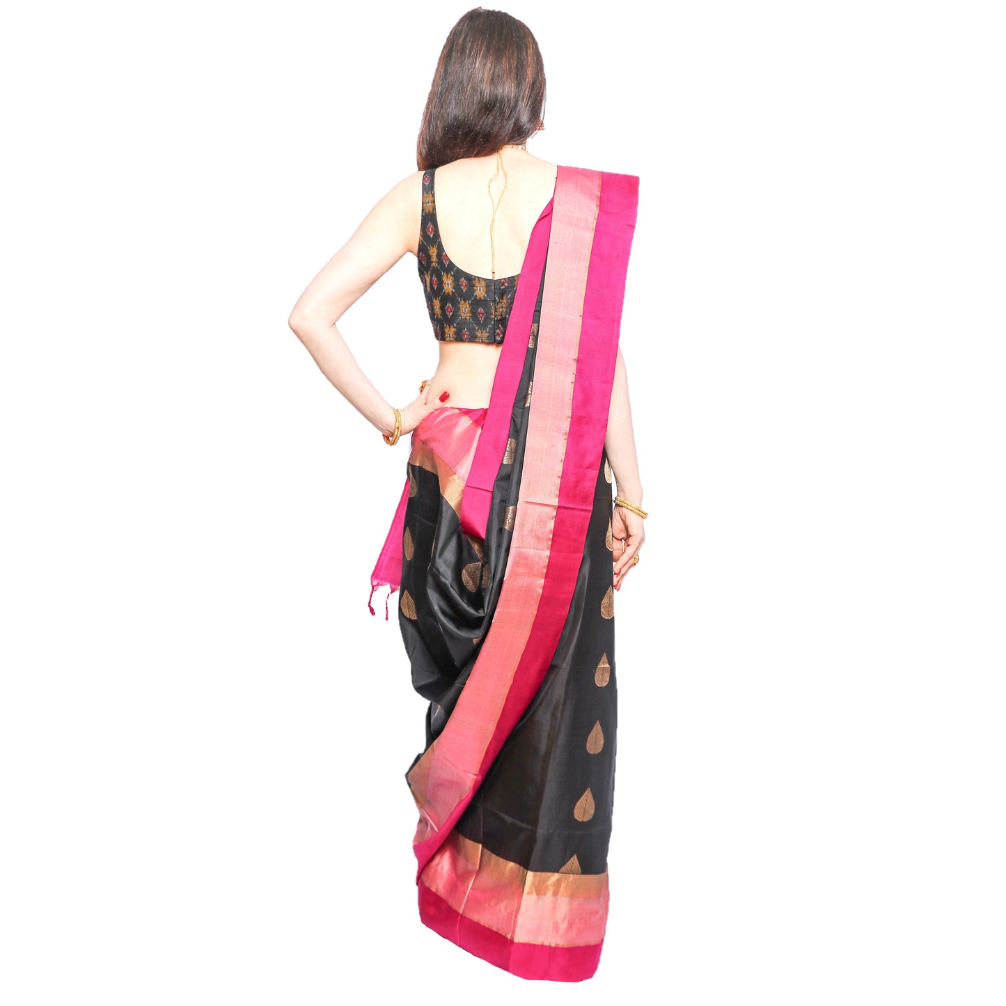 Maharani's Pure Handloom Kanjivaram Silk Saree - Black with Pink and Golden Border and Pallu