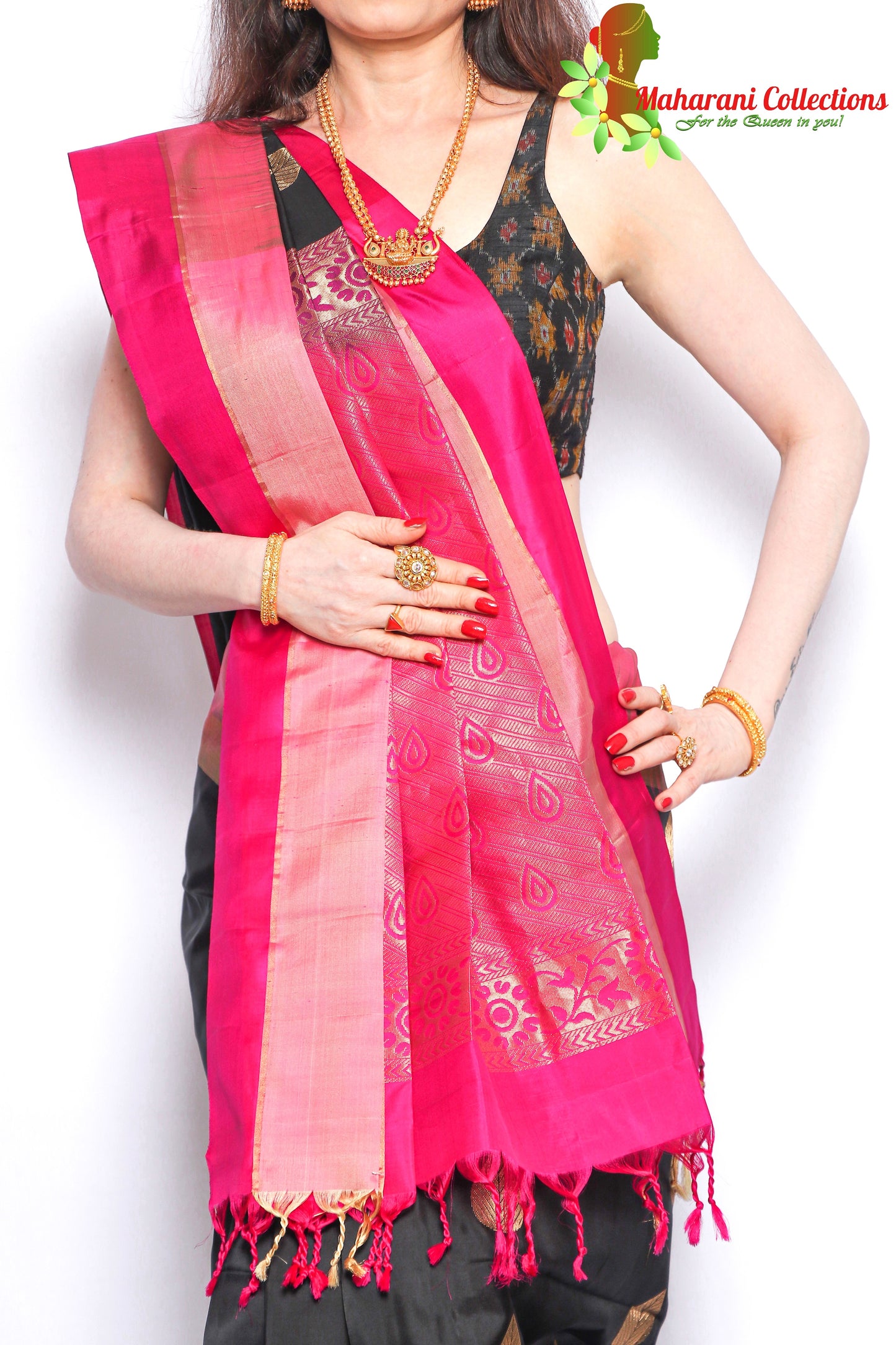 Maharani's Pure Handloom Kanjivaram Silk Saree - Black with Pink and Golden Border and Pallu