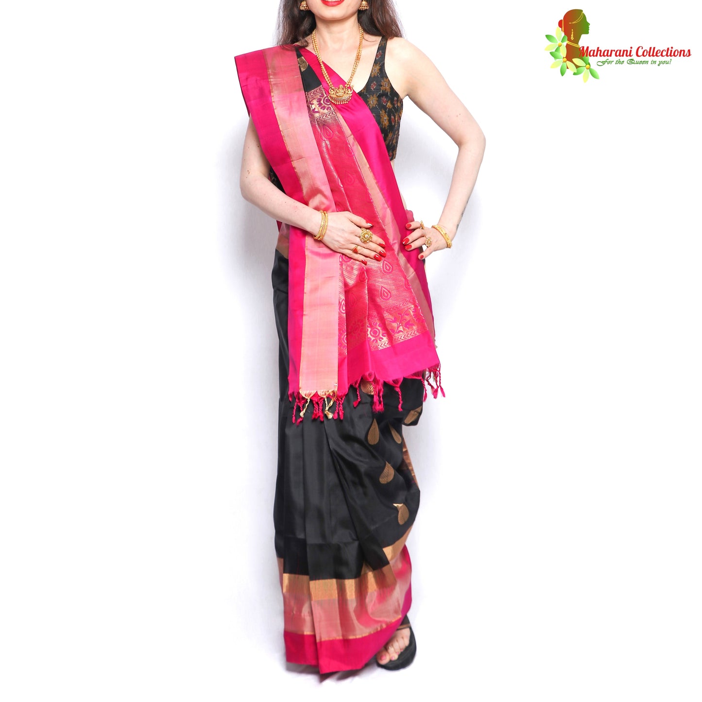 Maharani's Pure Handloom Kanjivaram Silk Saree - Black with Pink and Golden Border and Pallu