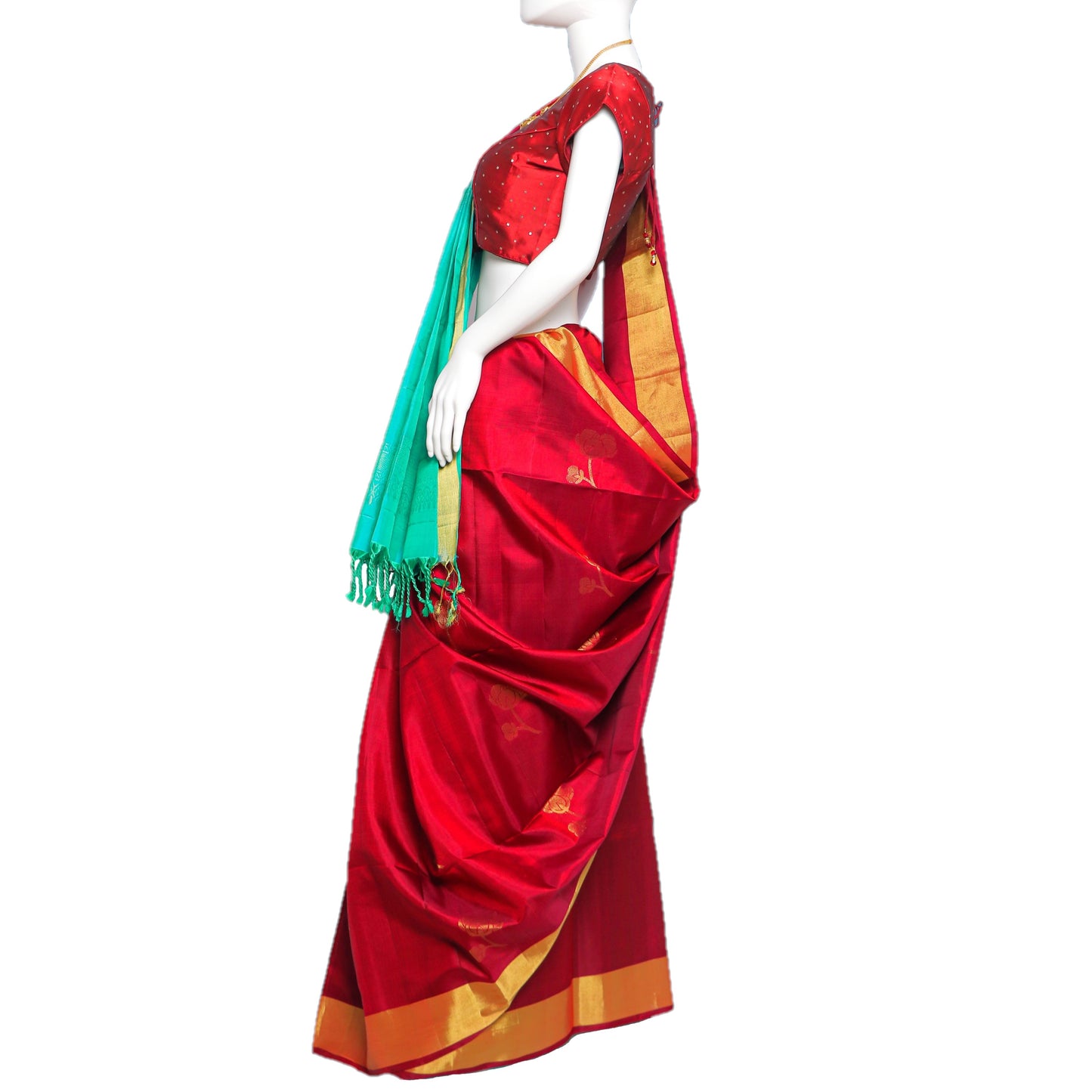 Maharani's Pure Handloom Kanjivaram Silk Saree - Maroon with Golden Border & Sea Green Pallu
