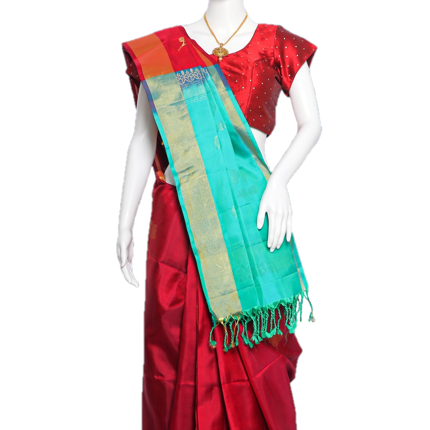 Maharani's Pure Handloom Kanjivaram Silk Saree - Maroon with Golden Border & Sea Green Pallu