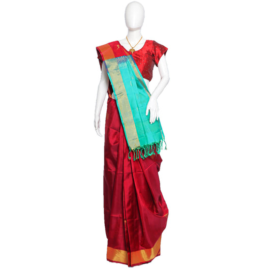 Maharani's Pure Handloom Kanjivaram Silk Saree - Maroon with Golden Border & Sea Green Pallu